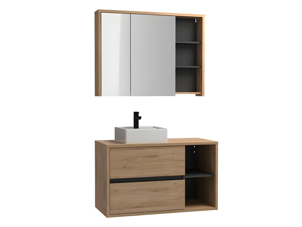 Mueble de baño flotante con lavabo cuadrado y armario de baño color natural - 100 cm - PURNAL