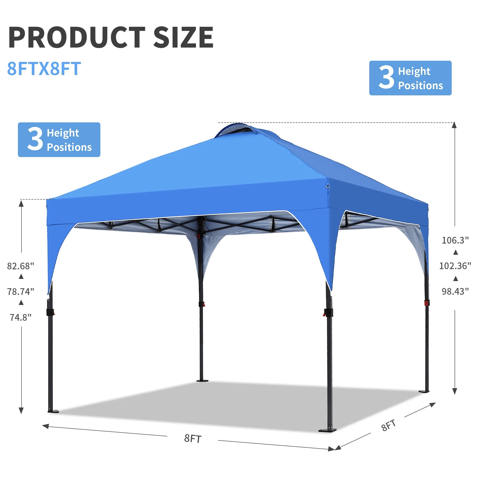 Ainfox 8'x8' Pop Up Canopy Tent, Easy-Setup Gazebo, Outdoor Canopy with 3 Adjustable Heights for Events, Parties, Camping, Blue - Image 3