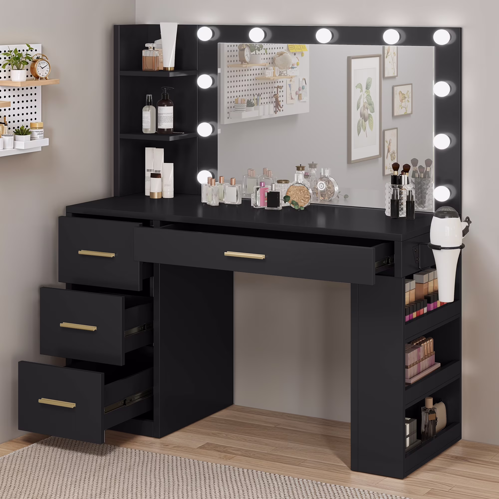 Uforic Makeup Vanity Desk with Mirror & Lights, Vanity Desk with 4 Drawers & Storage Shelves - White - Image 3