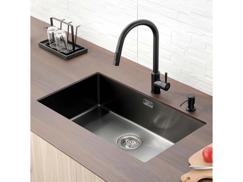 hogardiseno Fregadero Cocina1 Bandeja 74*44*20CM Fregadero Montaje empotrado,de flor/ subplano inoxidable 304,con sistema drenaje,negro,Modelo UE