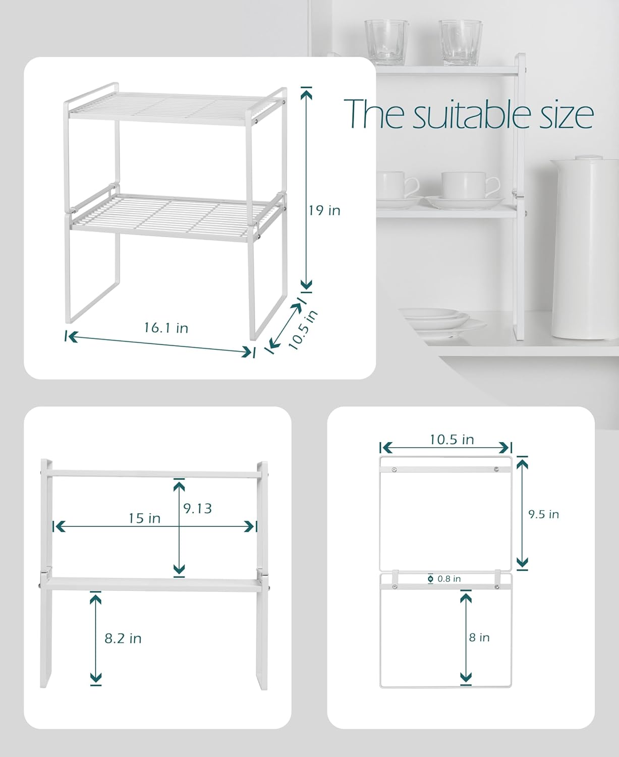 Shantton 2Pack Kitchen Cabinet Shelf Counter Organizer Rack Pantry Storage Bathroom Bedroom Office Table Desk Space Saving Stackable Rust Resistant Non Slip White Tall Wide L16.1in W10.6in H9.5in