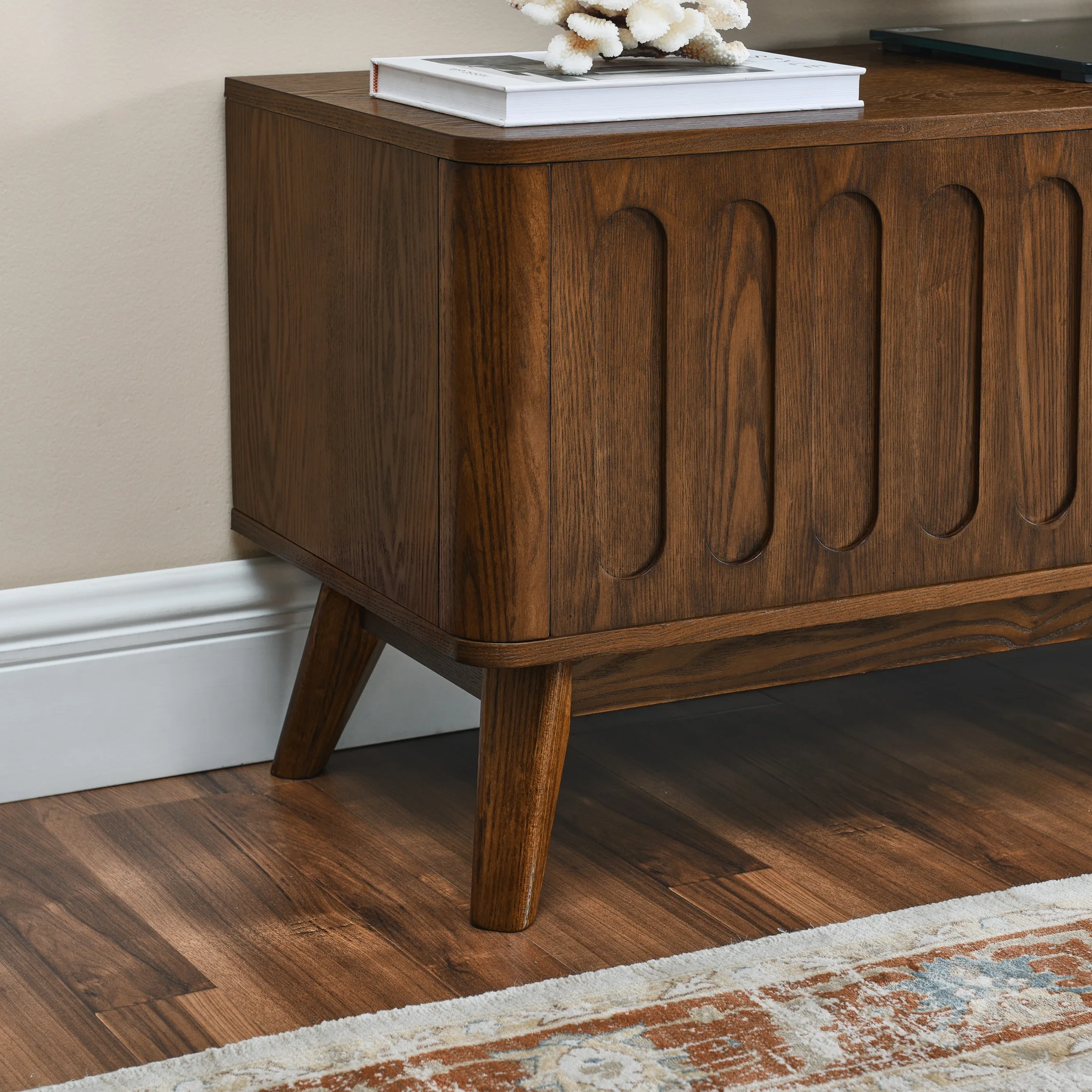 Noble House Mid-Century Modern Fluted TV Stand for 65" TV, Entertainment Console with Storage, Solid Wood Legs, Walnut - Image 7