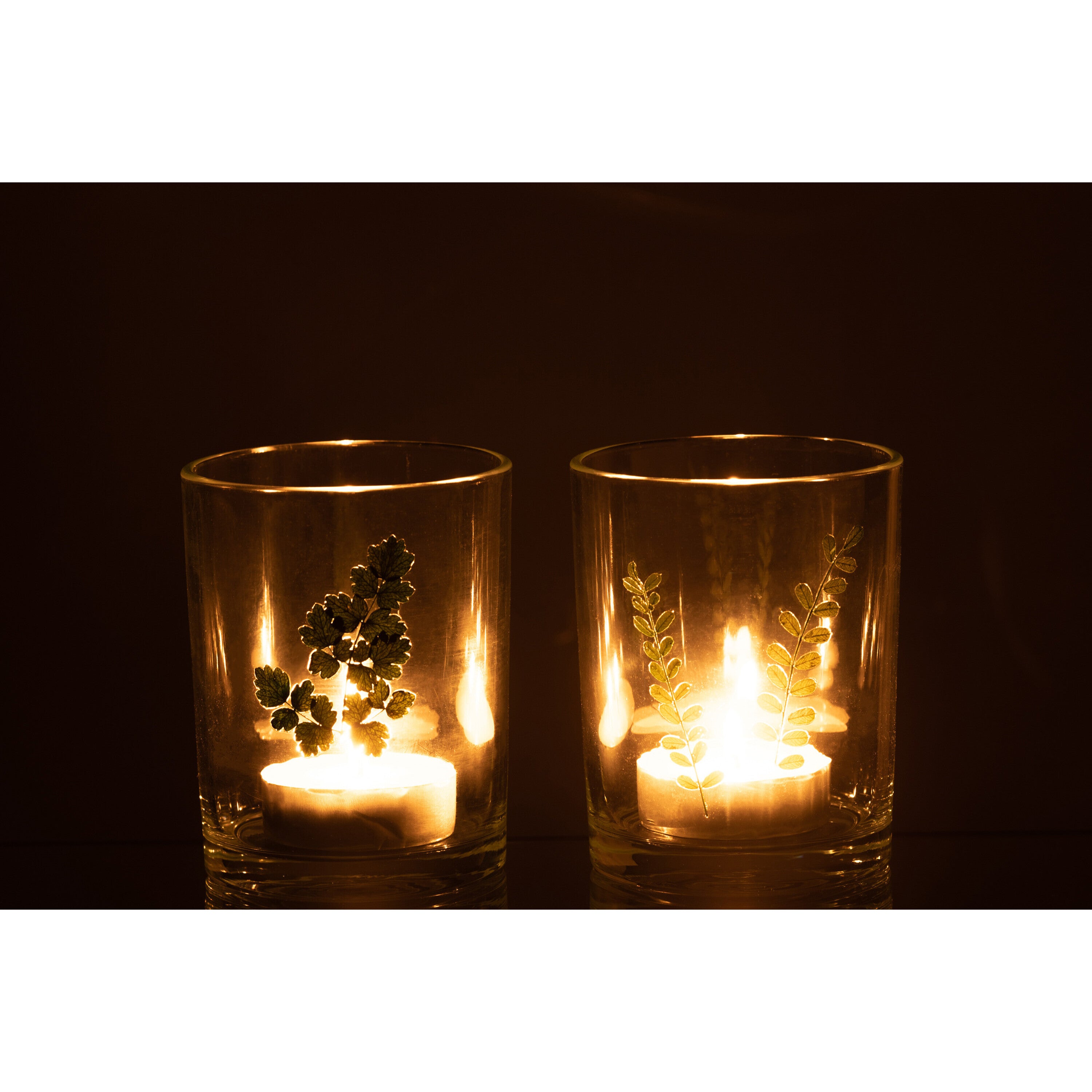 J-Line windlicht Bladeren - glas - groen transparant - 2 stu