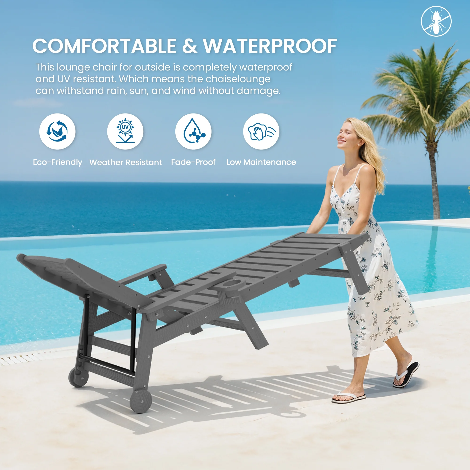 SERWALL Patio Chaise Lounge Chair, 78'' HDPE Outdoor Lounge Chair 5 Positions Pool Lounger Navy Blue - Image 77