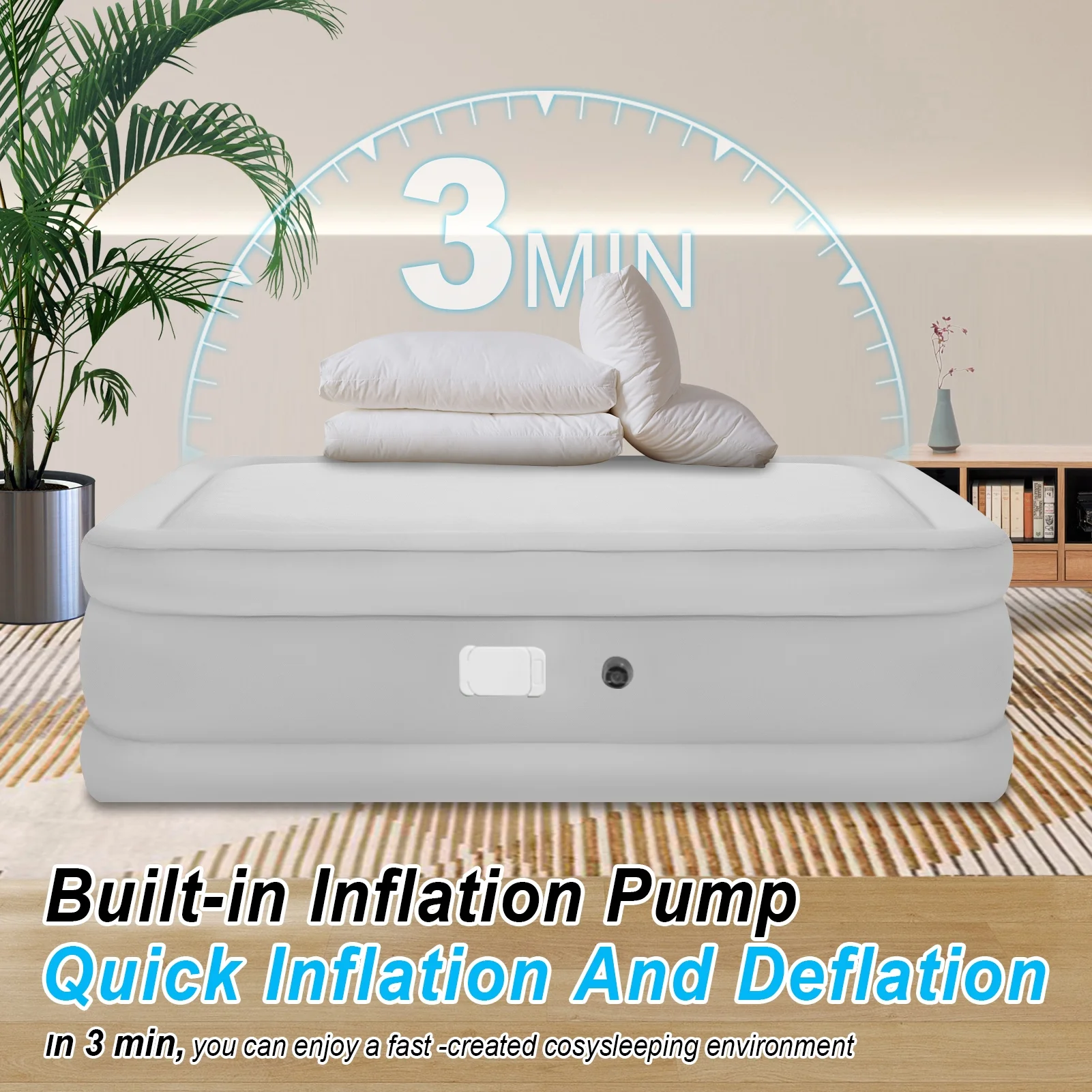 Air Mattress Queen with Built in Pump,Blow Up Mattress with Fiber-Tech, Inflatable Camping Bed, 3-Min Self Inflating with Carrying Bag (18-White Grey) - Image 7
