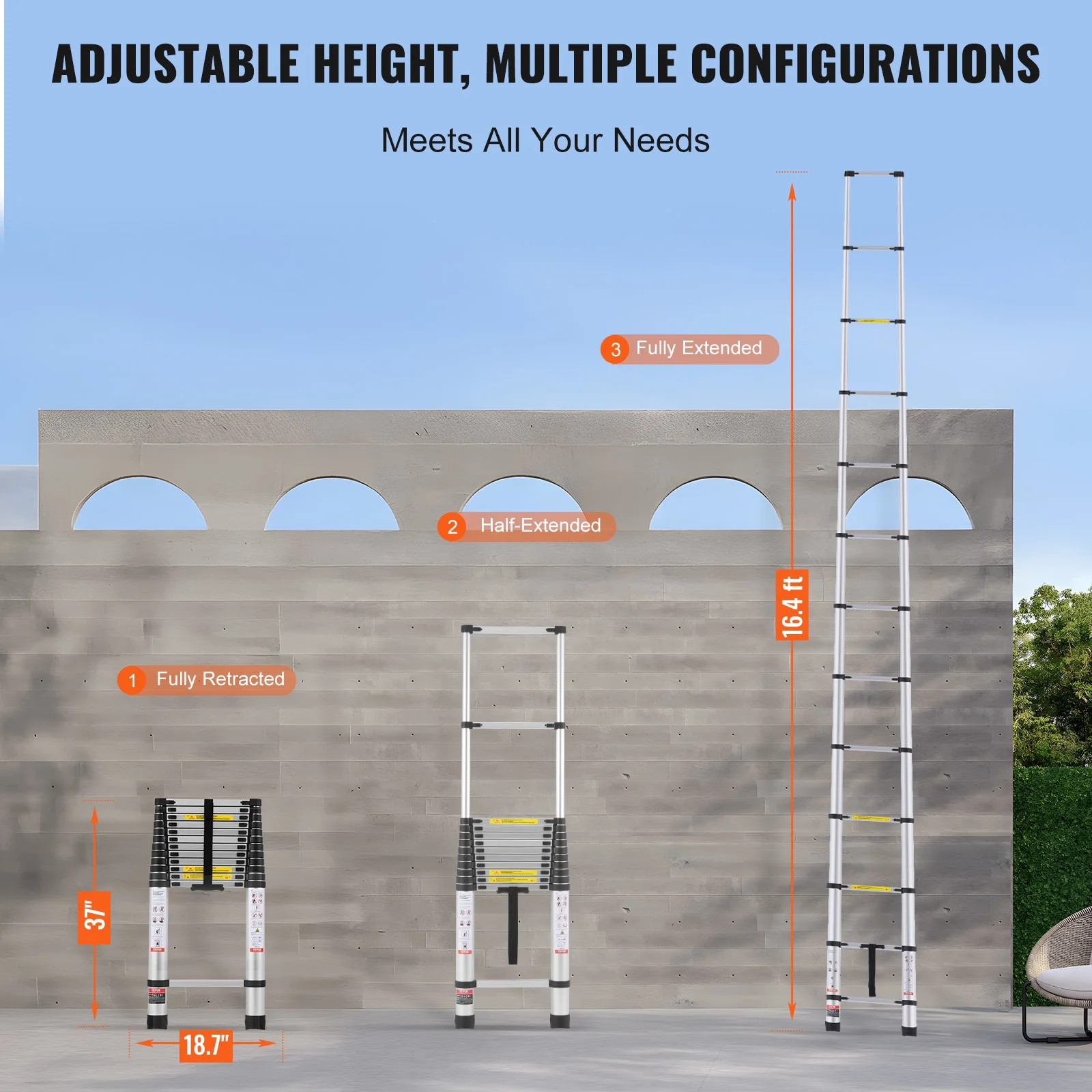 VEVOR Telescoping Ladder, 16.4FT Aluminum Lightweight Extension Ladder, Multi-button Retraction Collapsible Ladder, 375 LBS Capacity with Non-slip Feet, Portable Compact Ladders for Home, RV, Loft - Image 6