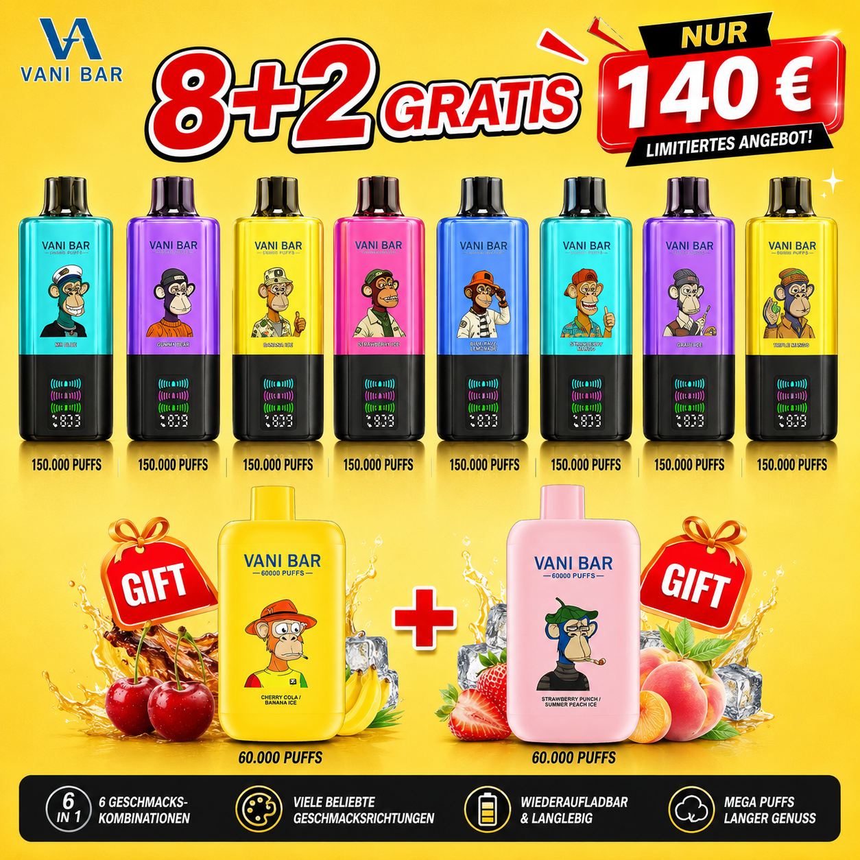 Vani Bar 6 IN 1 150000 Puffs -Super-Paket（Zufällige Geschmacksrichtung）
