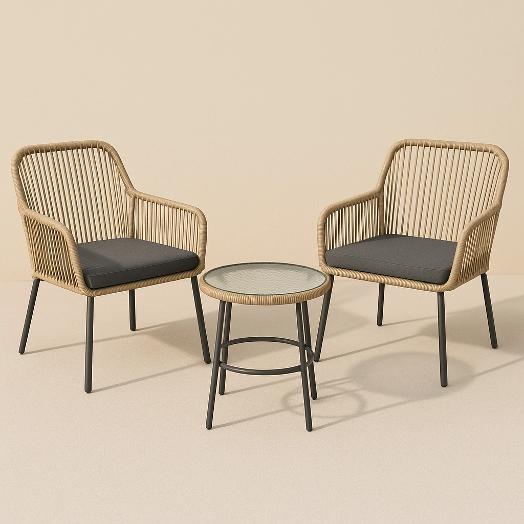 Conjunto de jardín mesa y sillones beige/negro cuerda sintética terraza balcón