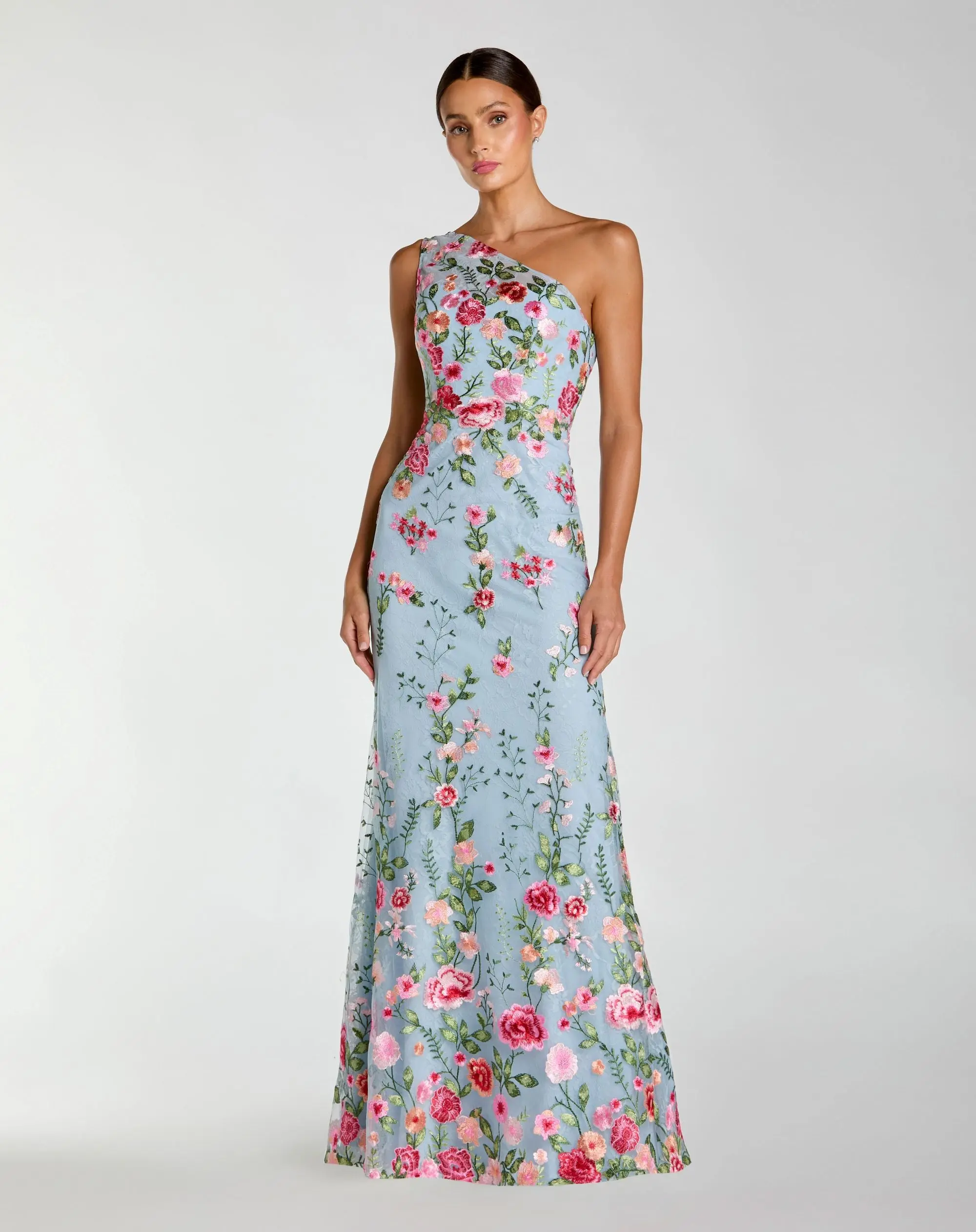 Blue One Shoulder Floral Embroidered Gown - Special Events Unlimited