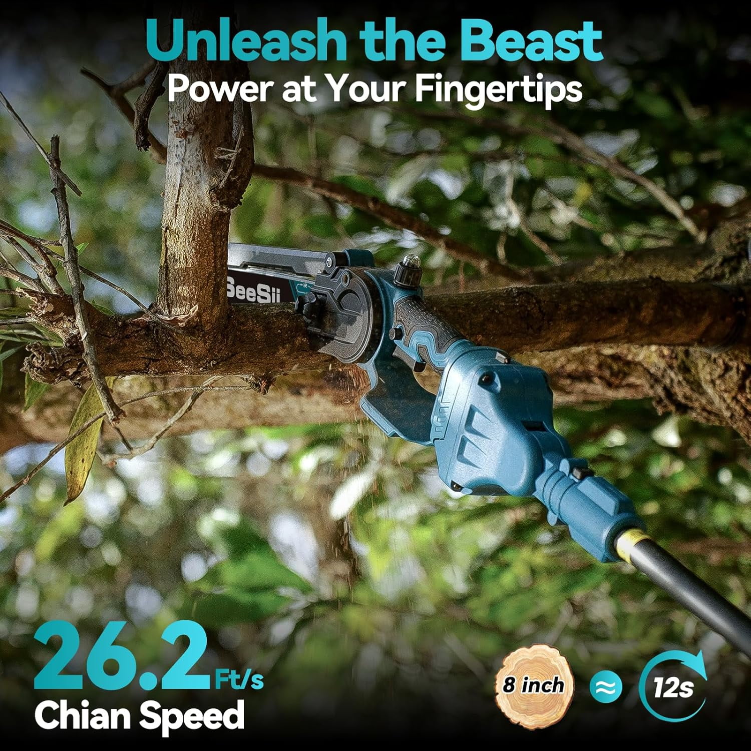 Seesii 2-in-1 Cordless Pole Saw, 8 Inch Brushless Mini Chainsaw with Extension Pole, 16ft Max Pole Saws with 2x 21V Batteries for Tree Trimming, Branches Pruning, Wood Cutting - Image 3
