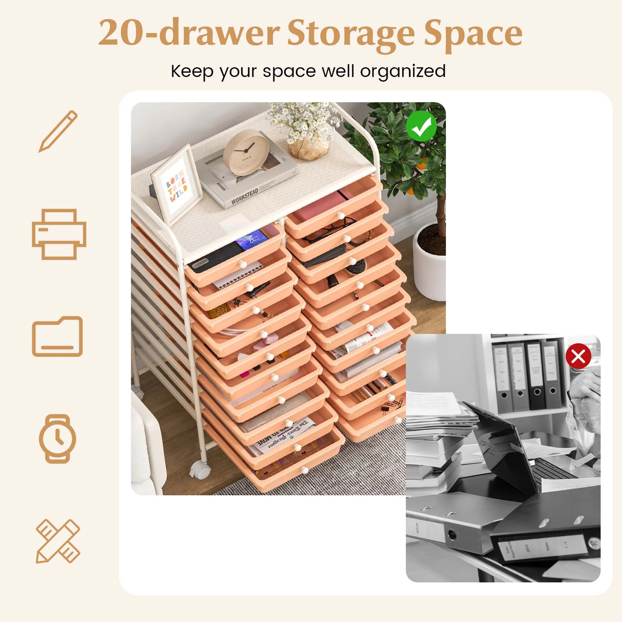 Costway 20 Drawer Rolling Storage Cart Tools Scrapbook Paper Office School Organizer Yellow - Image 106