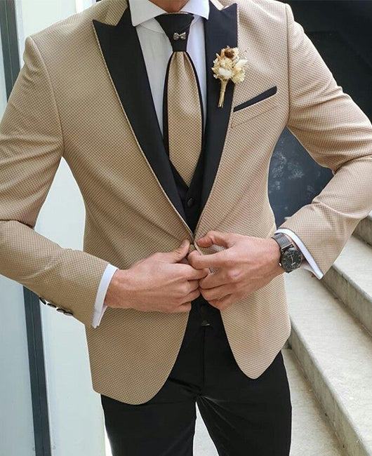 Khaki Plaid Color Contrast Lapel Casual Blazer