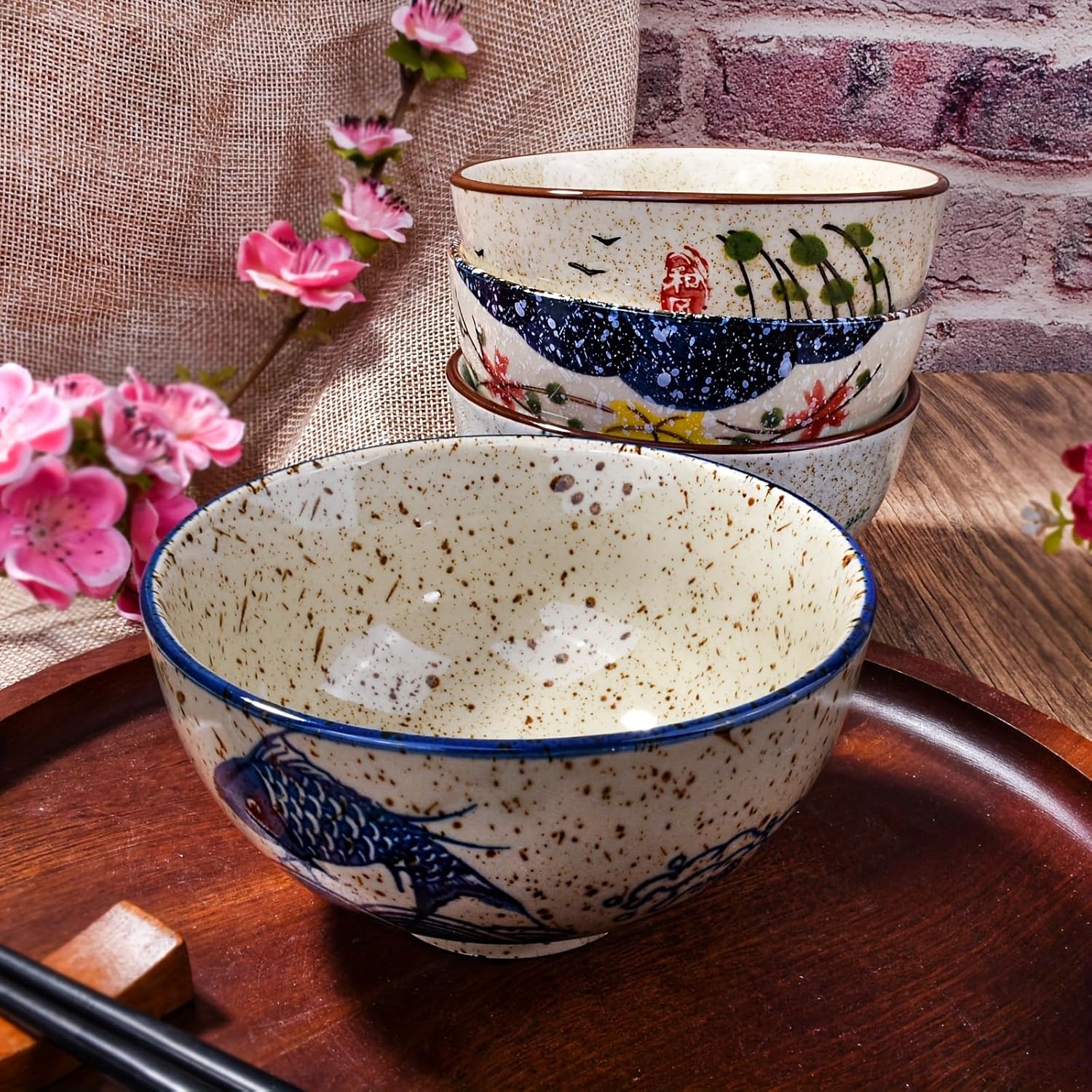 Japanese Retro Rice Bowls Set of 4 Hand-Painted Floral Design Ceramic Soup Sushi Bowls Small Cute Bowls