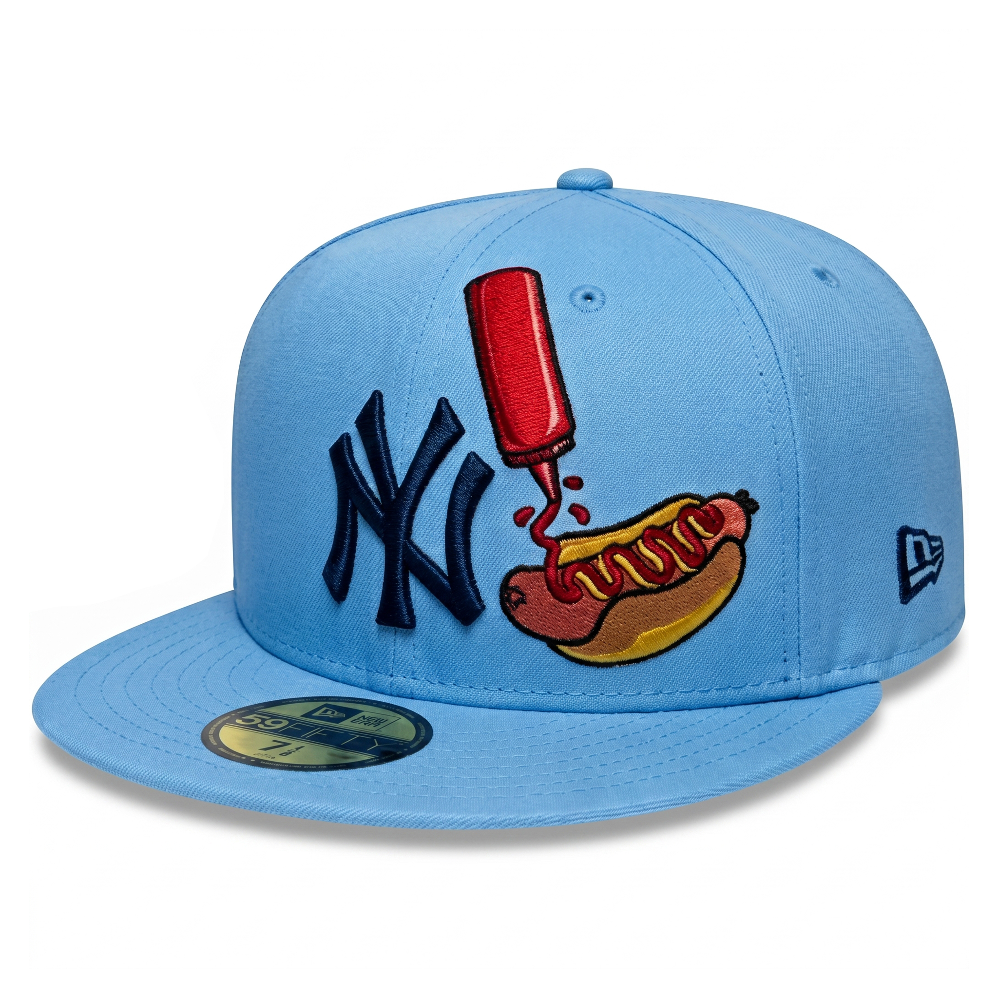 Back view of the light blue New York Yankees food-themed hat displaying embroidered graphics of a pink drink and french fries next to the MLB batterman logo.