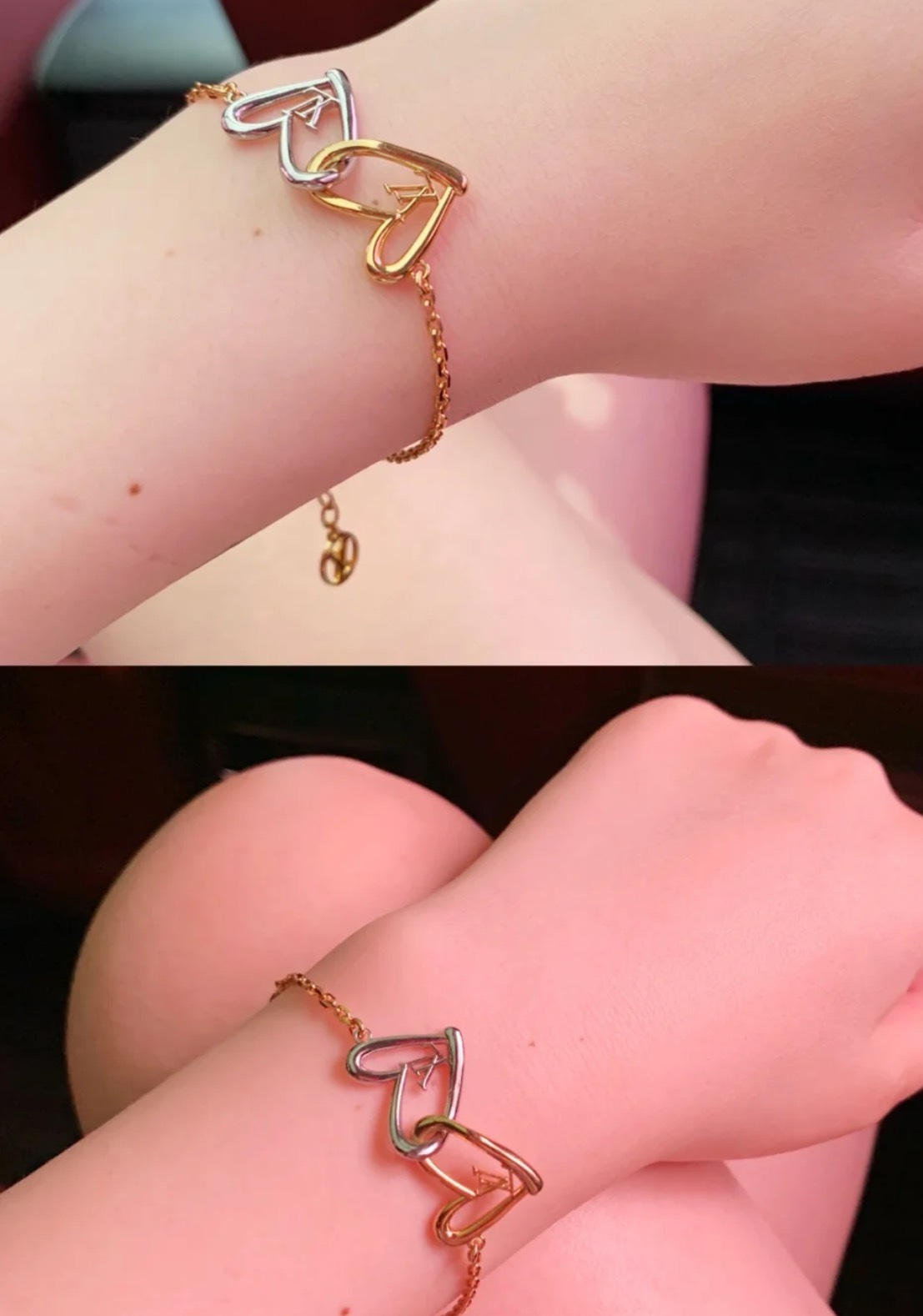 Louis Vuitton Hollow Silver Gold Double Interlocking Hearts Bracelet - Original Replica Club