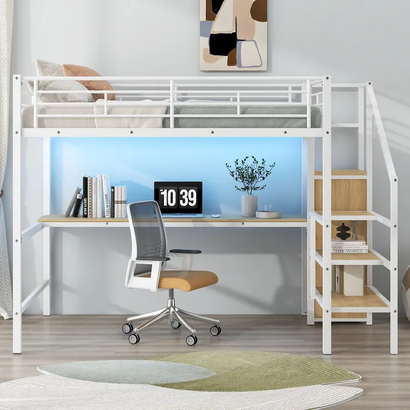 Complete Loft Bed Set with Desk, Storage Staircase, Compact Wardrobe, and LED Lighting