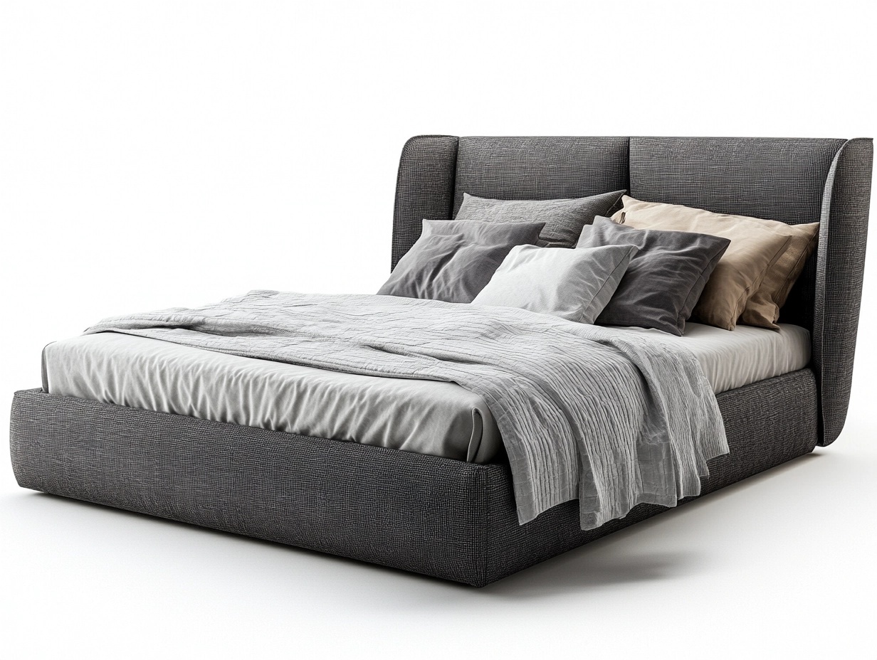 Cama tapizada en gris oscuro con cabecero envolvente