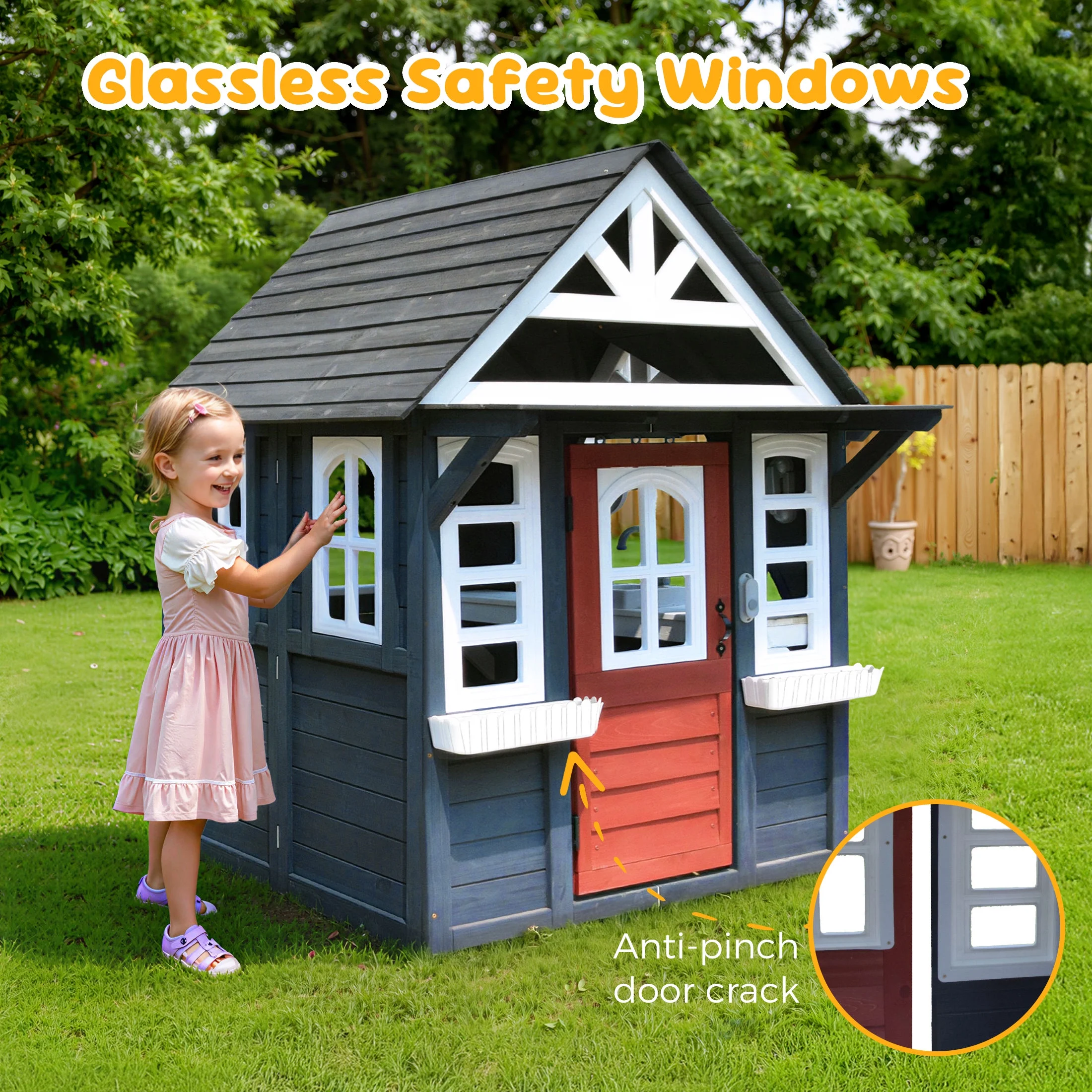 COCLUB Outdoor Playhouse for Kids Ages 4-8, Wooden Play House with Doorbell, Phone, Kitchen Toys, Outdoor Kids Play Equipment, Casa Para Ni?as (45-L x 65-H), White & Black - Image 15