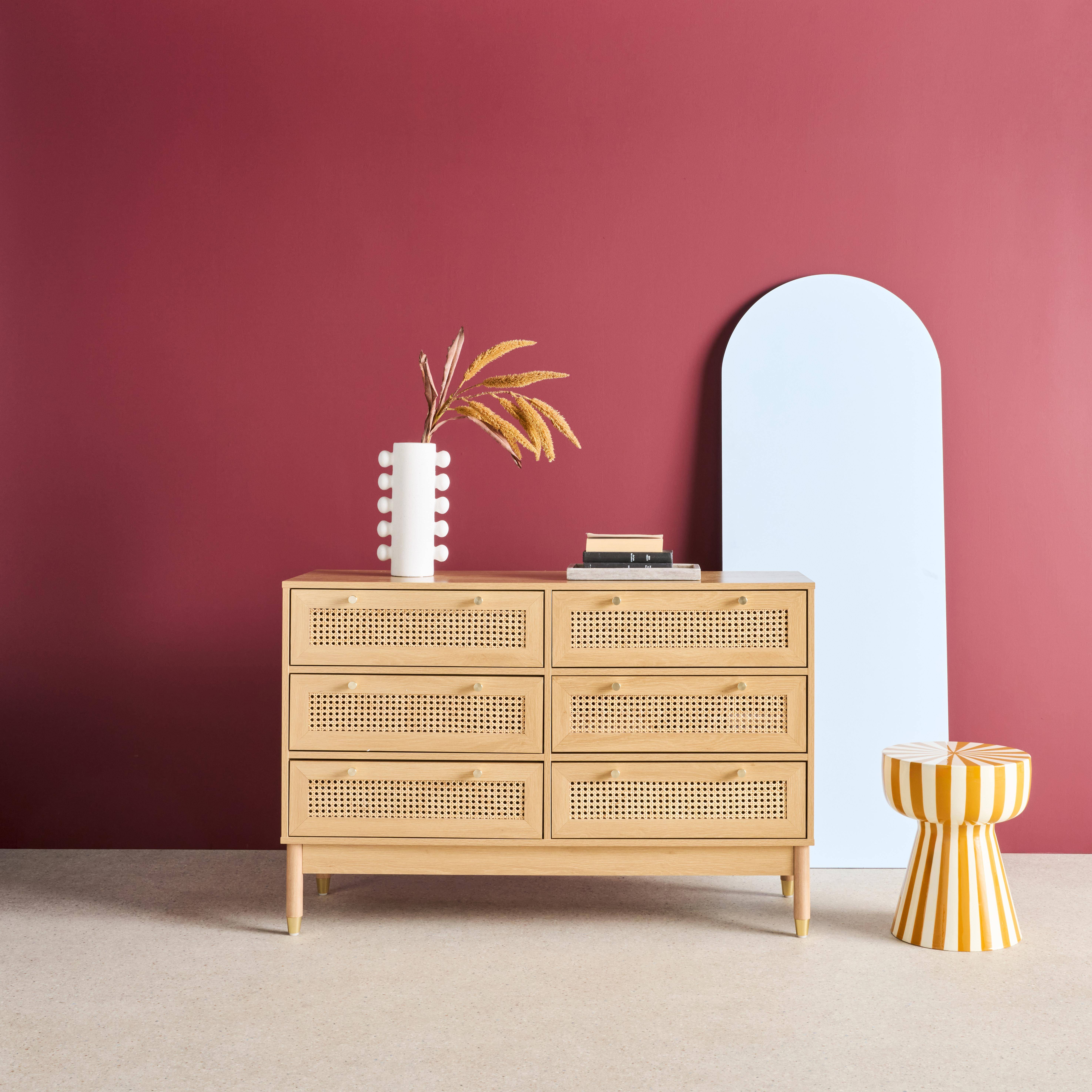 Judith - Cómoda con efecto madera y mimbre, 6 cajones