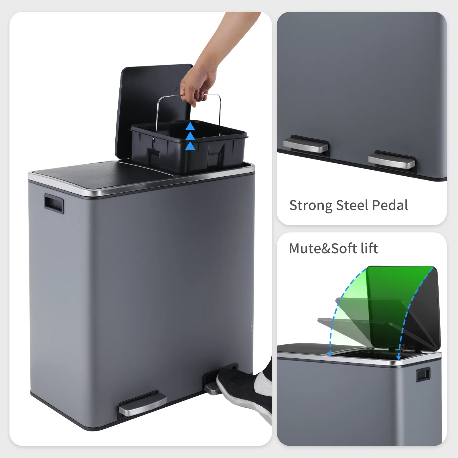 LAZY BUDDY Dual Garbage Can, Stainless Steel 16 Gallon Step Kitchen Trash Can with Soft-Close Lid, Double Compartment Garbage Recycling Bin - Image 36