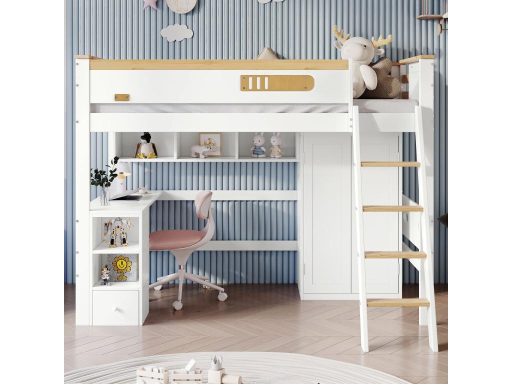 Lámpara superpuesta para niños 90x200 cm - con jardín-corps - mesa y armario - échelle - blanc y couleurs naturelles