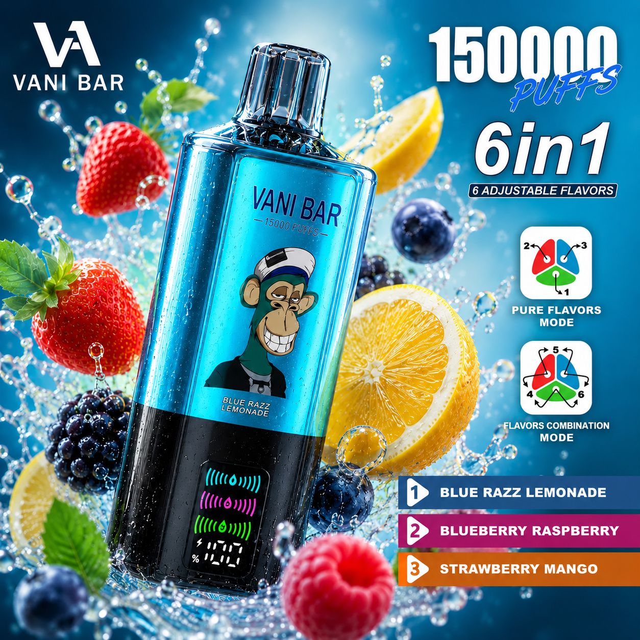 Blue Razz Lemonade & Mango-Vani Bar 6 in 1 E-Shisha 150.000 Züge – Smart Einweg Vape
