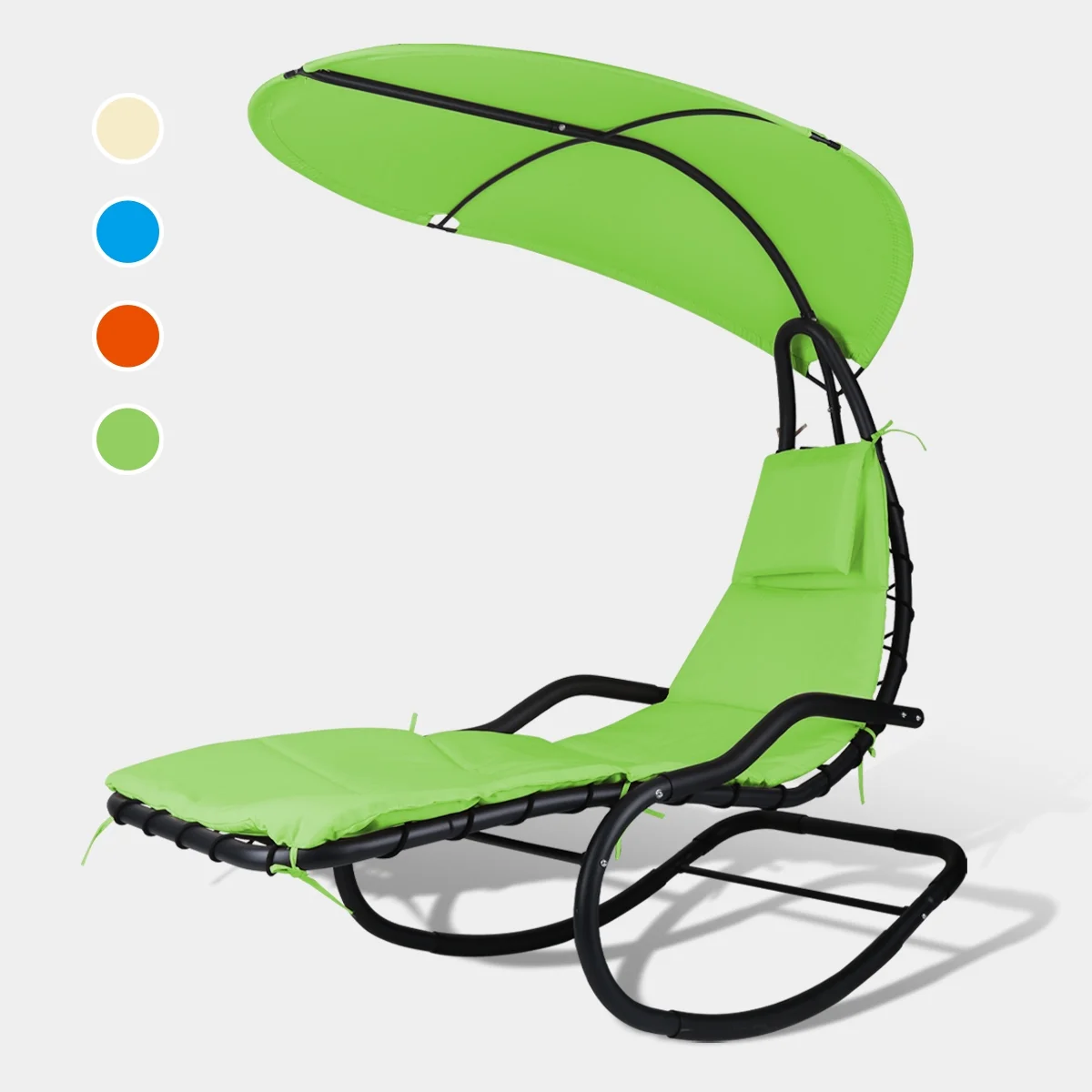 2X Rocking Hanging Lounge Chair - Curved Chaise Rocking Lounge Chair Swing For Backyard Patio w/ Built-in Pillow Removable Canopy with stand {Green} - Image 4