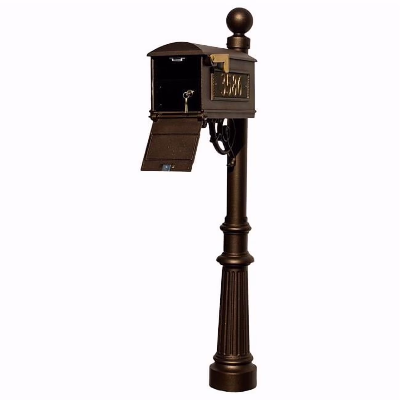 Lewiston LMC - LKIT - 804 - BZ Mailbox Locking Insert Post System with Fluted Base, Ball Finial 3 Cast Plates - Bronze(White)