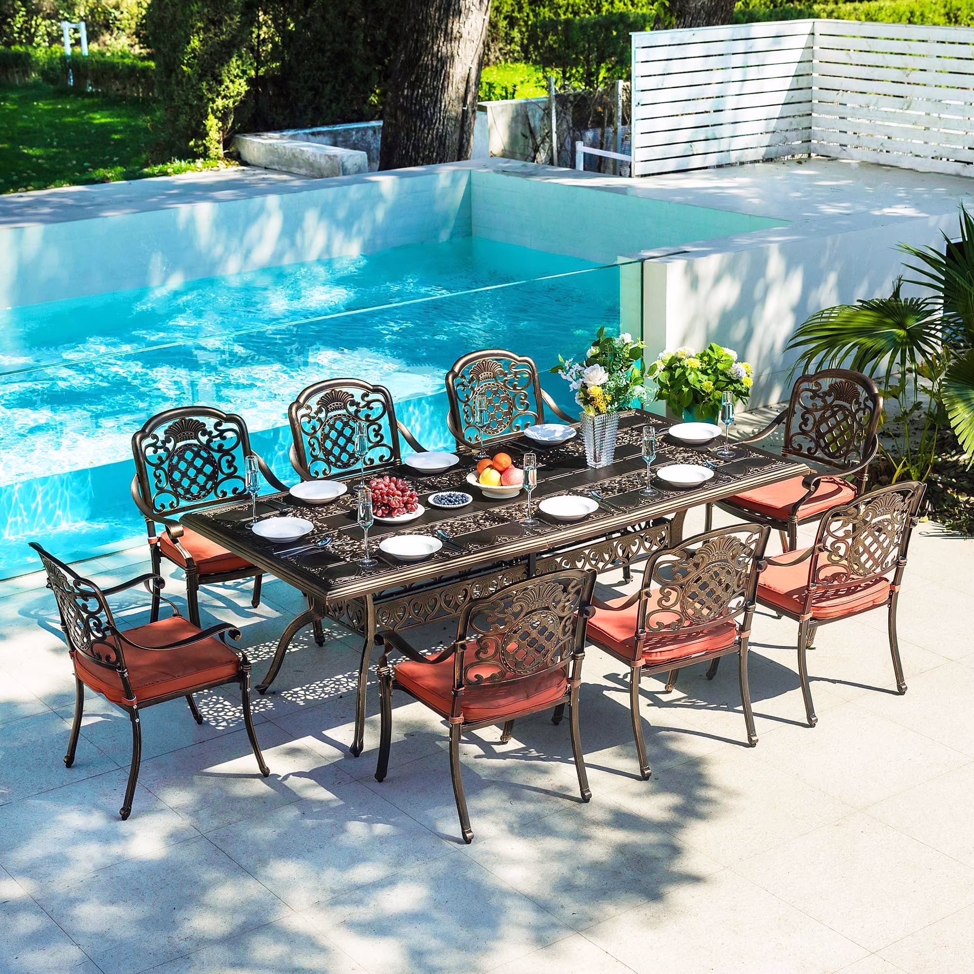 7-Piece Patio Furniture Dining Set, All-Weather Cast Aluminum Outdoor Table and Chairs for 6, Includes 4 Dining Chair & 2 Swivel Chairs & 60���� Rectangular Table, Beige