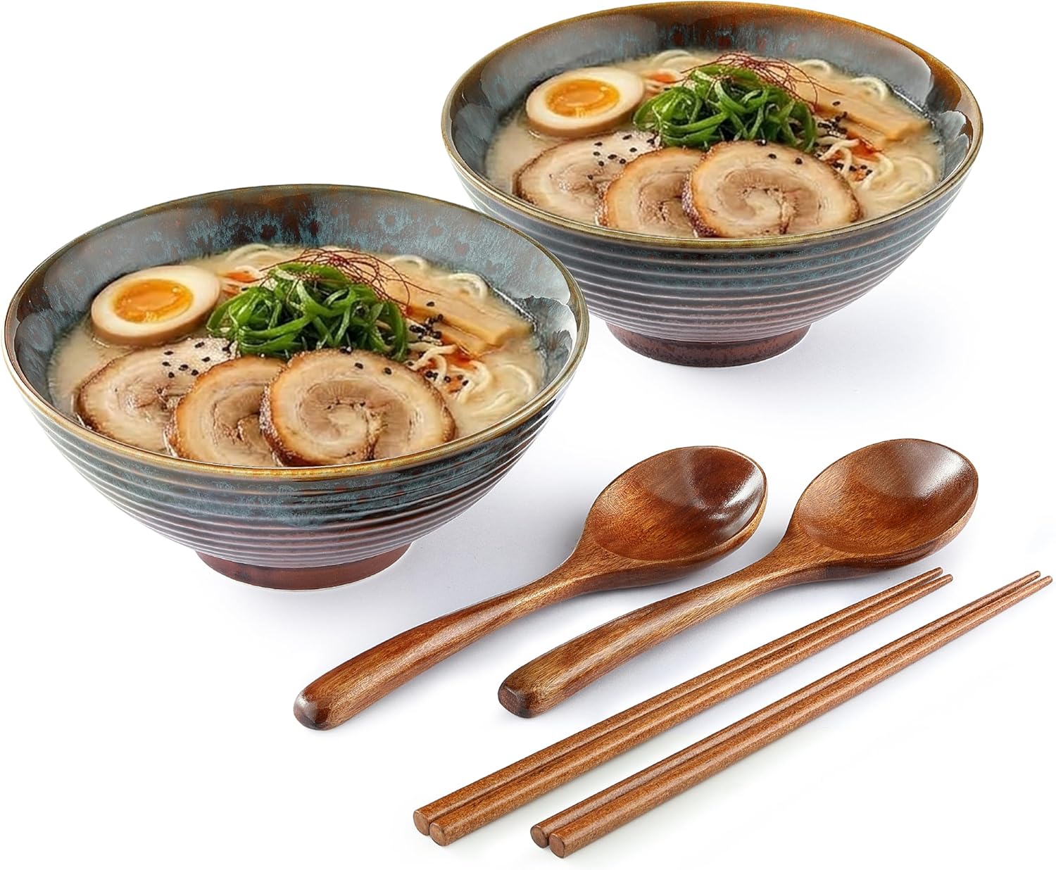 JJOO Ramen Bowl, 8 inch Large Ceramic Ramen Pho Noodle Bowls Set with Chopsticks and Spoons, Japanese Style, Set of 2