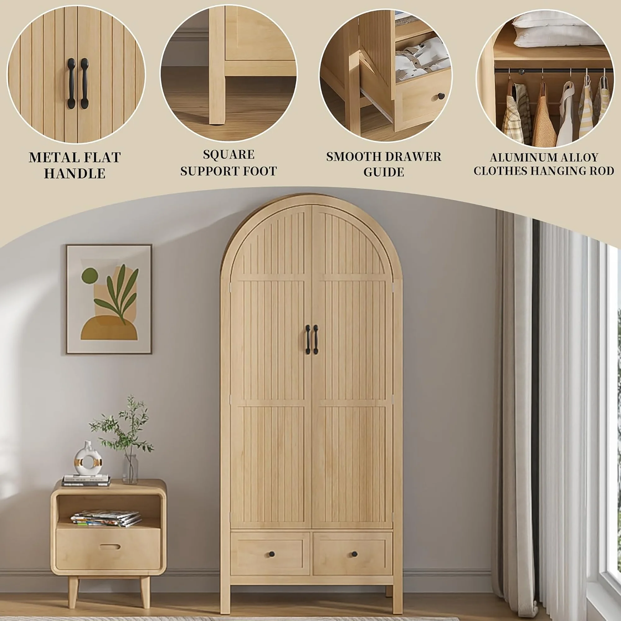 Oubayajia Arched Armoire Wardrobe Closet with Fluted Doors, Wooden Wardrobe Closet with Drawers, Shelves and Hanging Rod for Bedroom - Image 10
