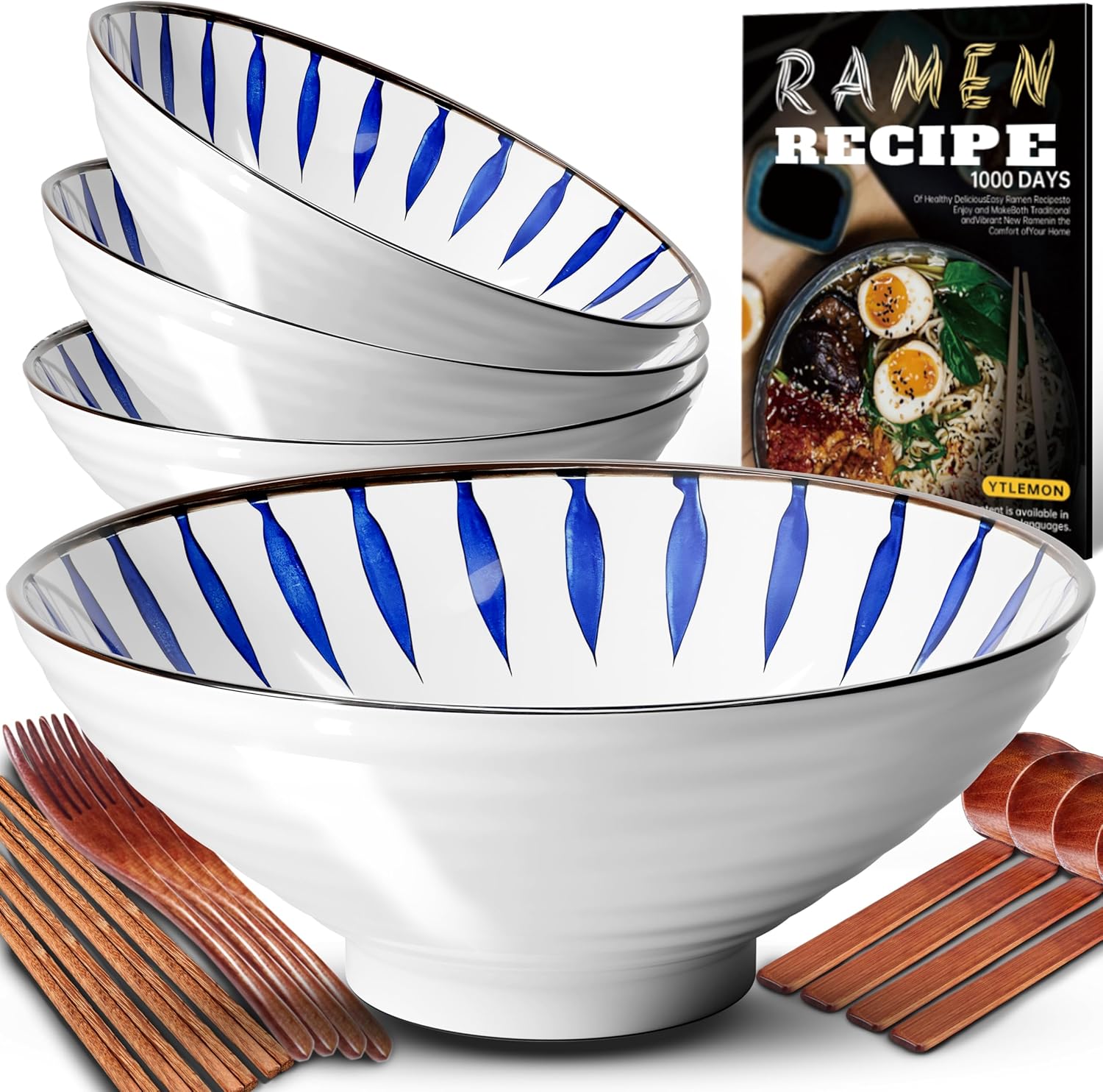 8-Inch Ceramic Ramen Bowl Set of 2 (9 Piece) - Porcelain Japanese Salad Noodles Cereal Fruit Pasta Soup Large Bowls with Recipes Chopsticks Forks Spoons for Men Women Gift Microwave & Dishwasher Safe