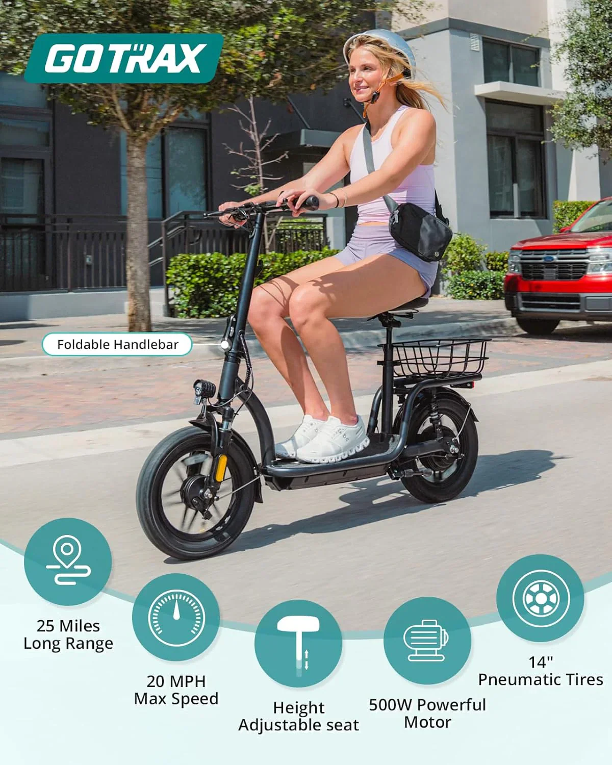 Gotrax adult electric scooter with seat maximum range of 19-25 miles all-terrain tires wide pedals