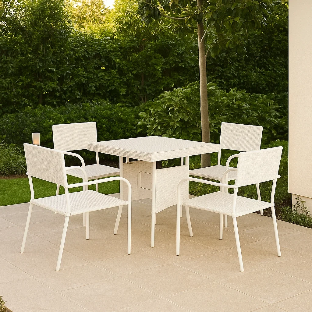 Conjunto de comedor de jardín para 4 personas, estructura de metal y ratán PE, 4 sillas, 1 mesa, Blanco roto - tqLXbuh209su