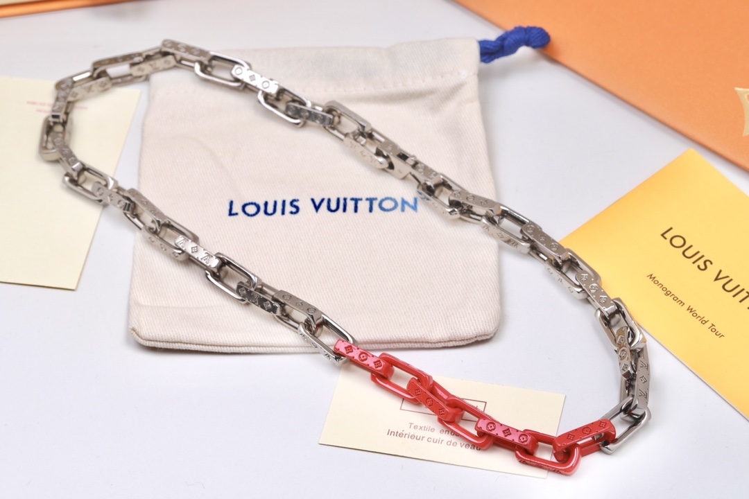 Louis Vuitton Silver Mixed Orange Monogram Chain Necklace - Original Replica Club