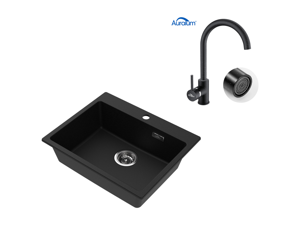 1 Bandeja Fregadero Cocina de Granito,55*45*20cm,Kit de Vaciado,Negro+Grifo Cocina Rotativo 360°Agua FrOide Caliente Negro con puntos blancos