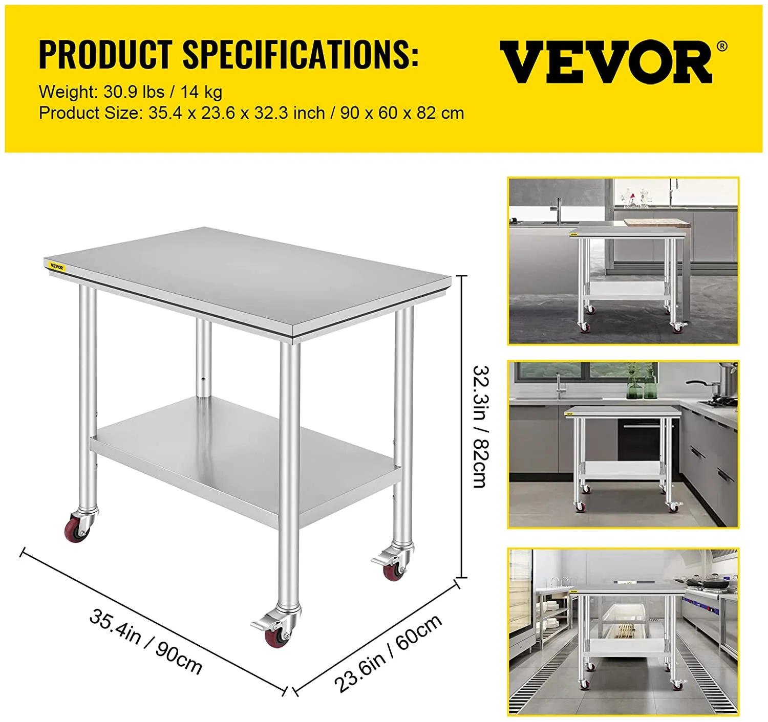 VEVOR Stainless Steel Work Table 36 x 24 inch with 4 Wheels Commercial Food Prep Worktable with Casters Heavy Duty Work Table for Commercial Kitchen Restaurant - Image 4
