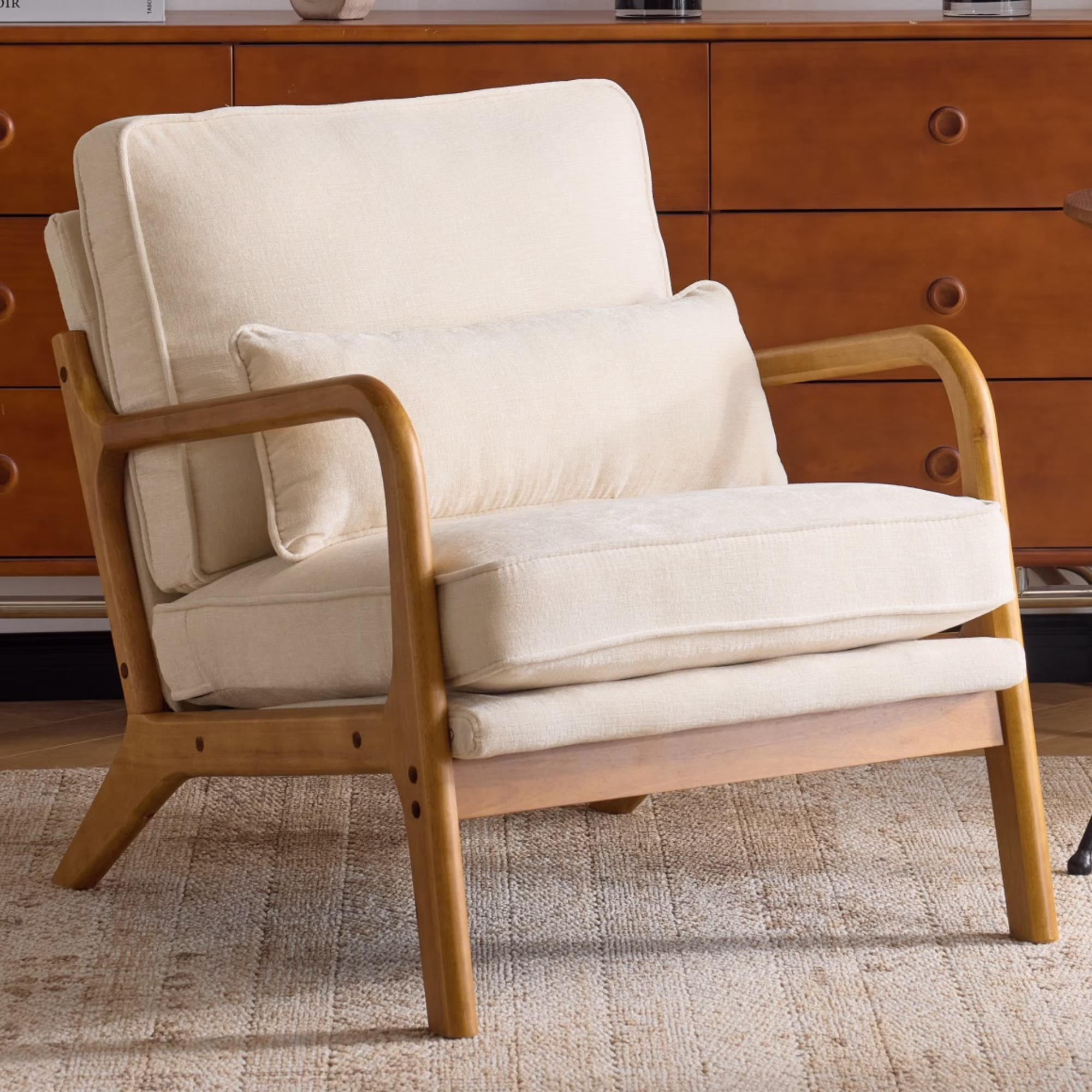 Ktaxon Accent Chair Corduroy Upholstered Armchair, Reading Club Chair with Pillow and Solid Wood Frame for Living Room Bedroom Furniture Off White - Image 24