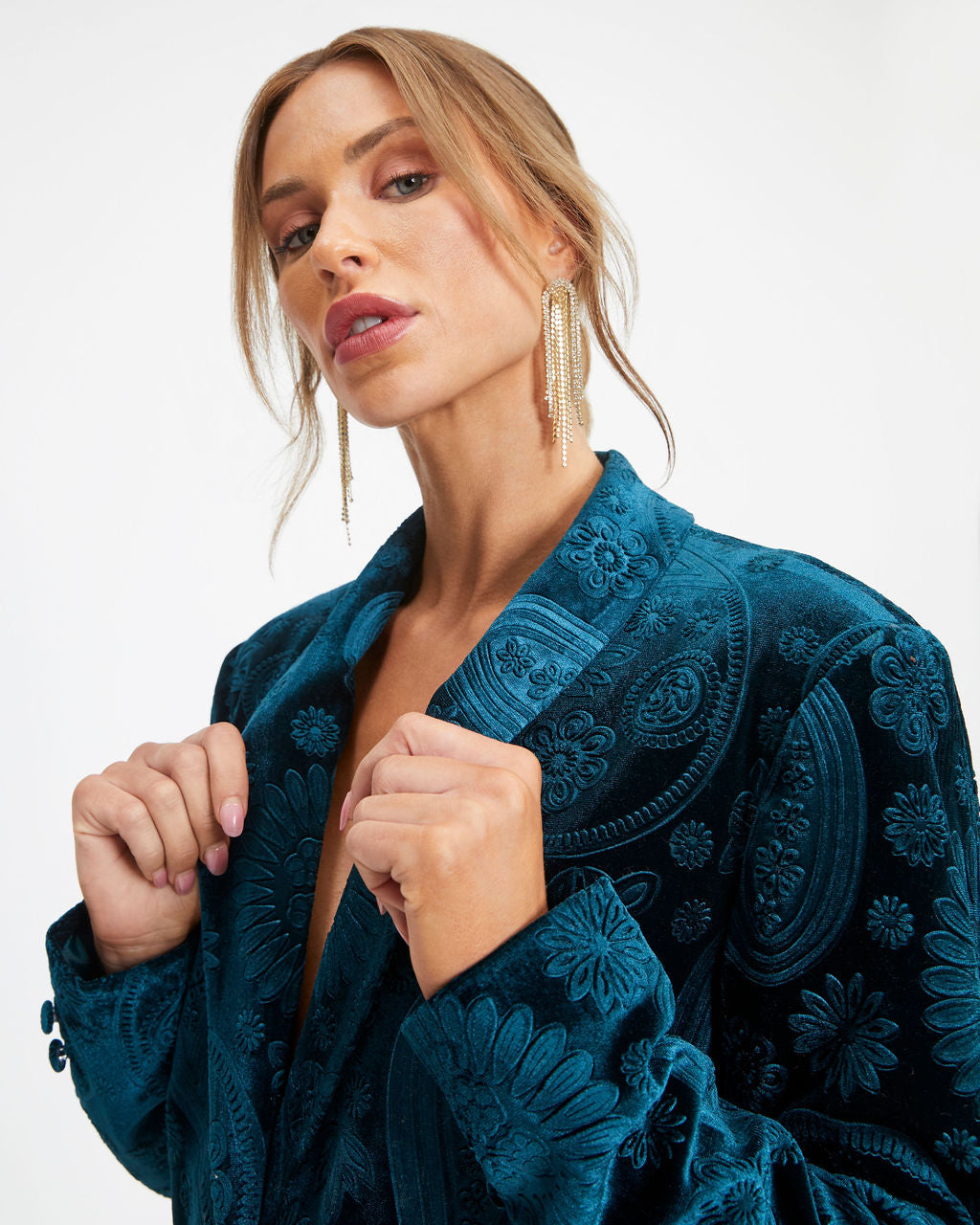 Top Of The Mark Pocketed Floral Embossed Blazer - Dark Teal - Se7enfashion