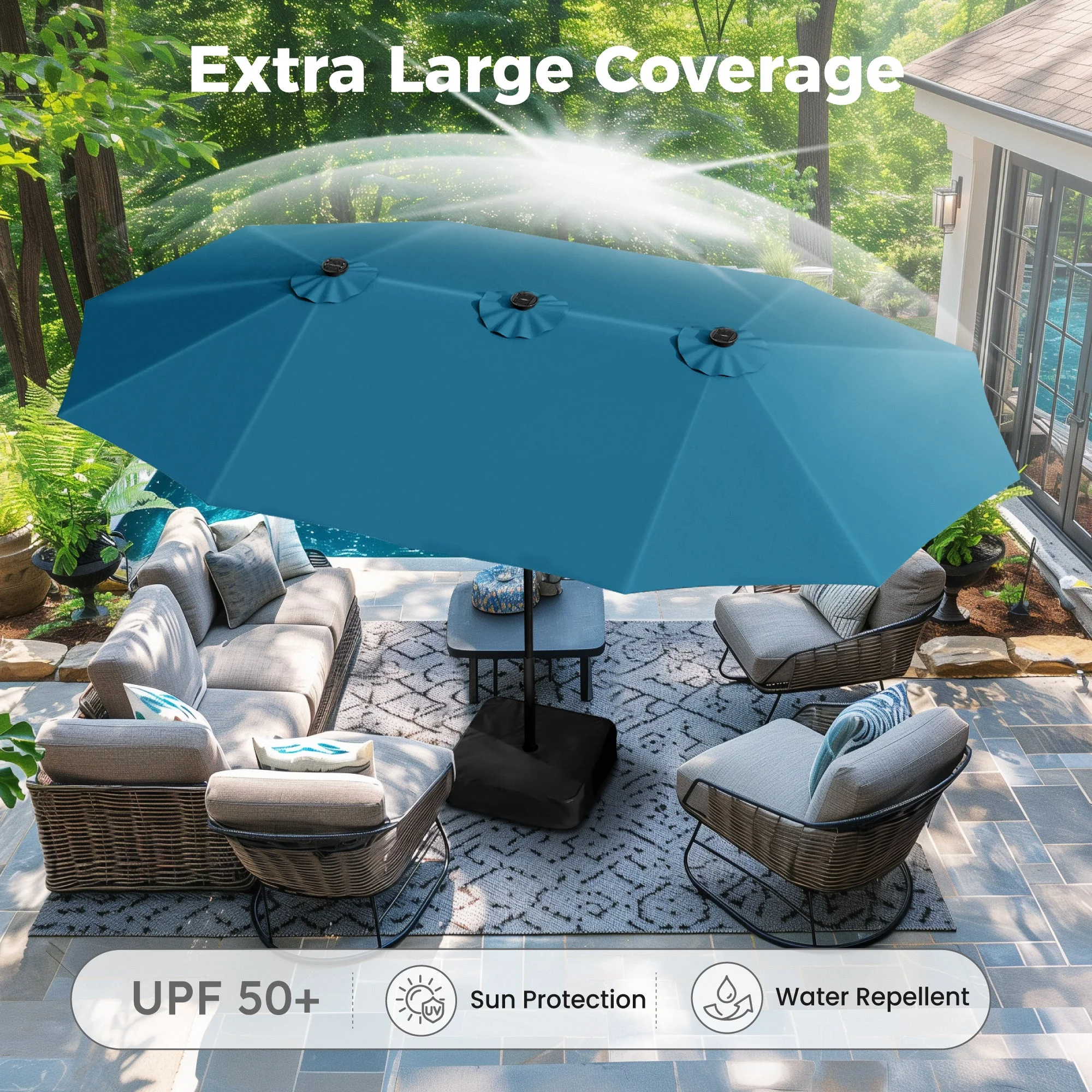 Alpha Joy 15ft Extra Large Outdoor Patio Double-Sided Umbrella with LED Solar Lights & Umbrella Base, Beige - Image 47
