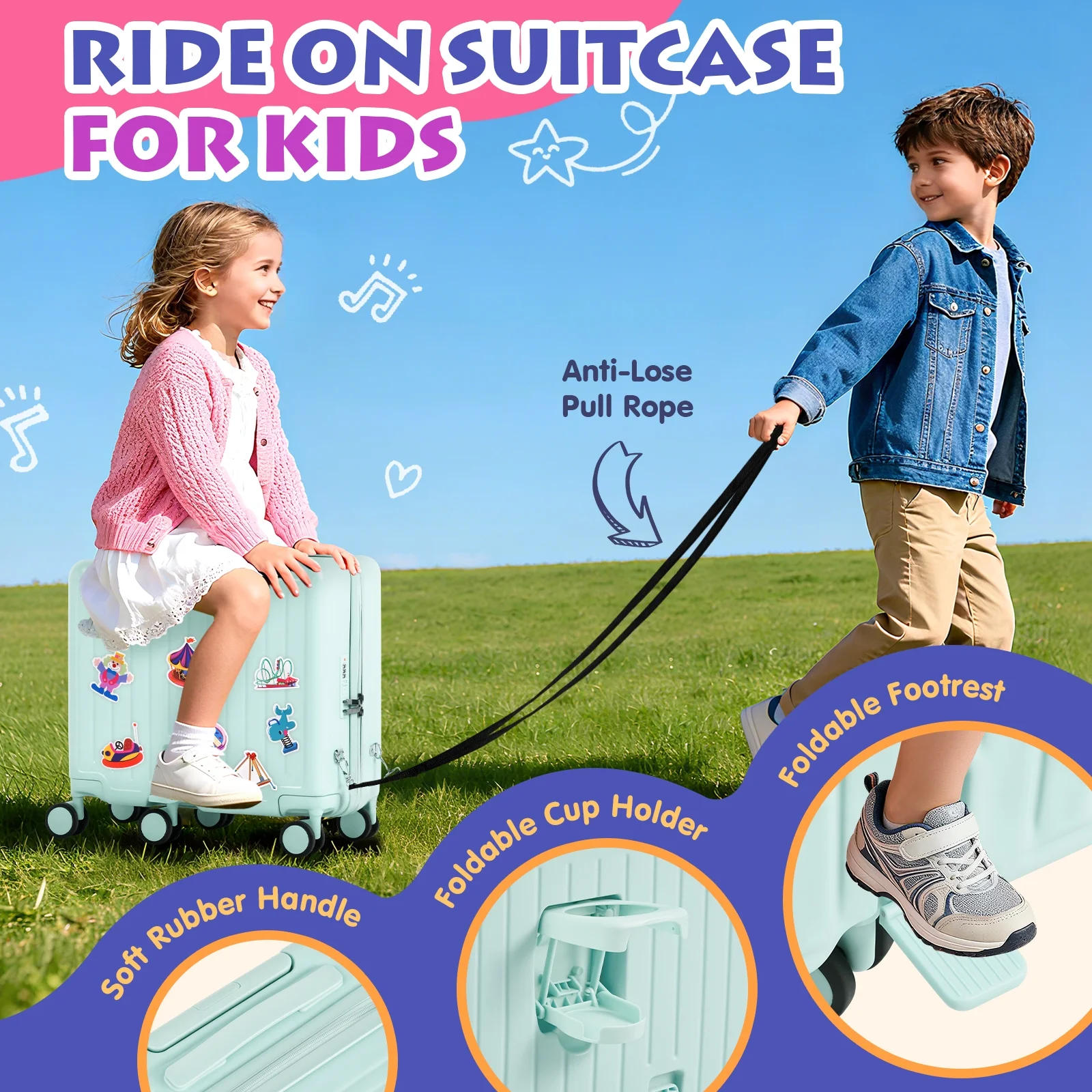 Advwin Ride-On Kids Luggage with Pull Strap, Footrests, Cup Holder, 6 Wheels & Adjustable Handle, 18-Inch Spinner Suitcase with Stickers & Boarding Pass, Pink - Image 13