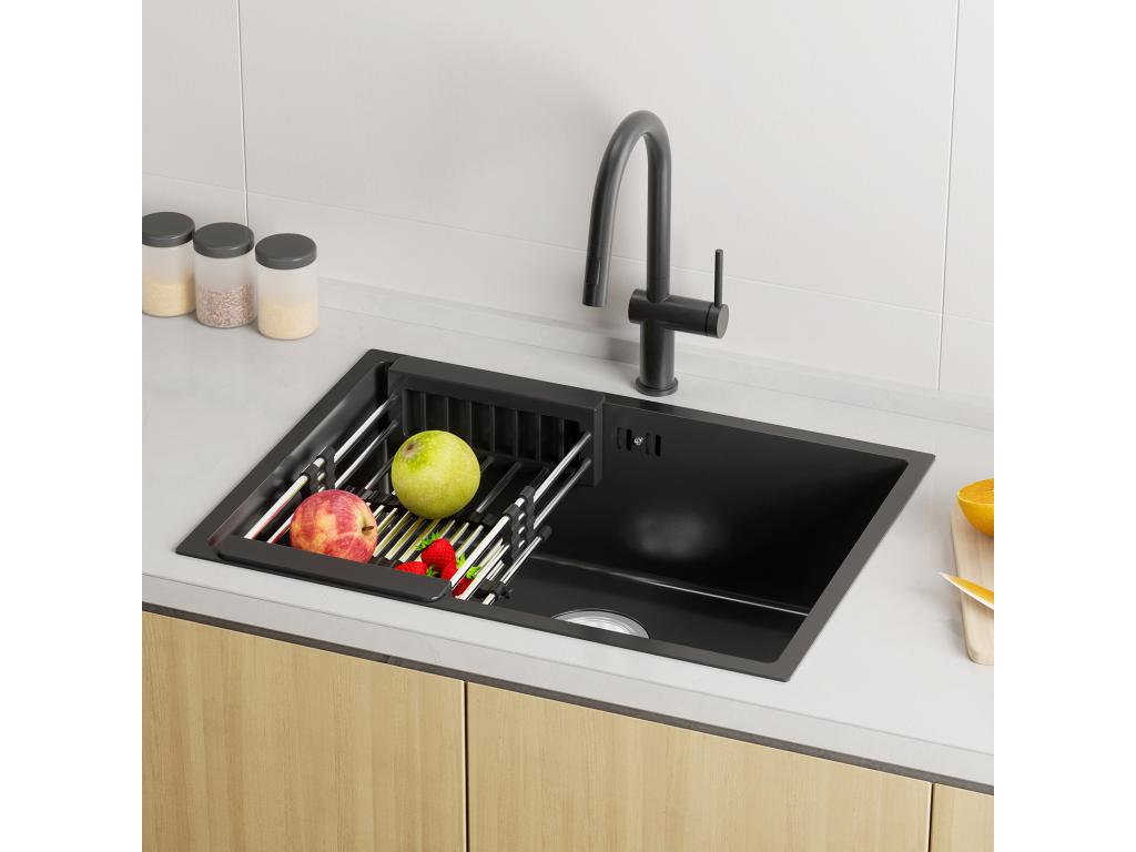 Tucasago Fregadero Cocina 1 Bandeja 60*44*20CM,acero inoxidable,empotrado/subsuelo con cesta drenaje,Negro+Grifo Cocina,Orientable 360°