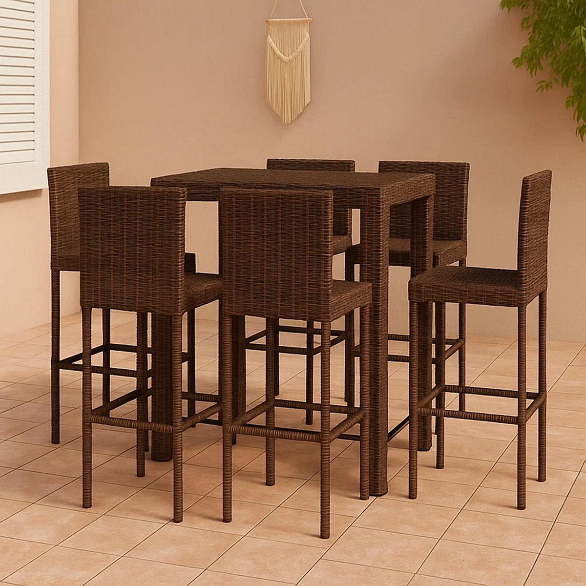 Conjunto de bar para jardín 7 pzas ratán sintético marrón oscuro – mesa alta rectangular y 6 taburetes con respaldo