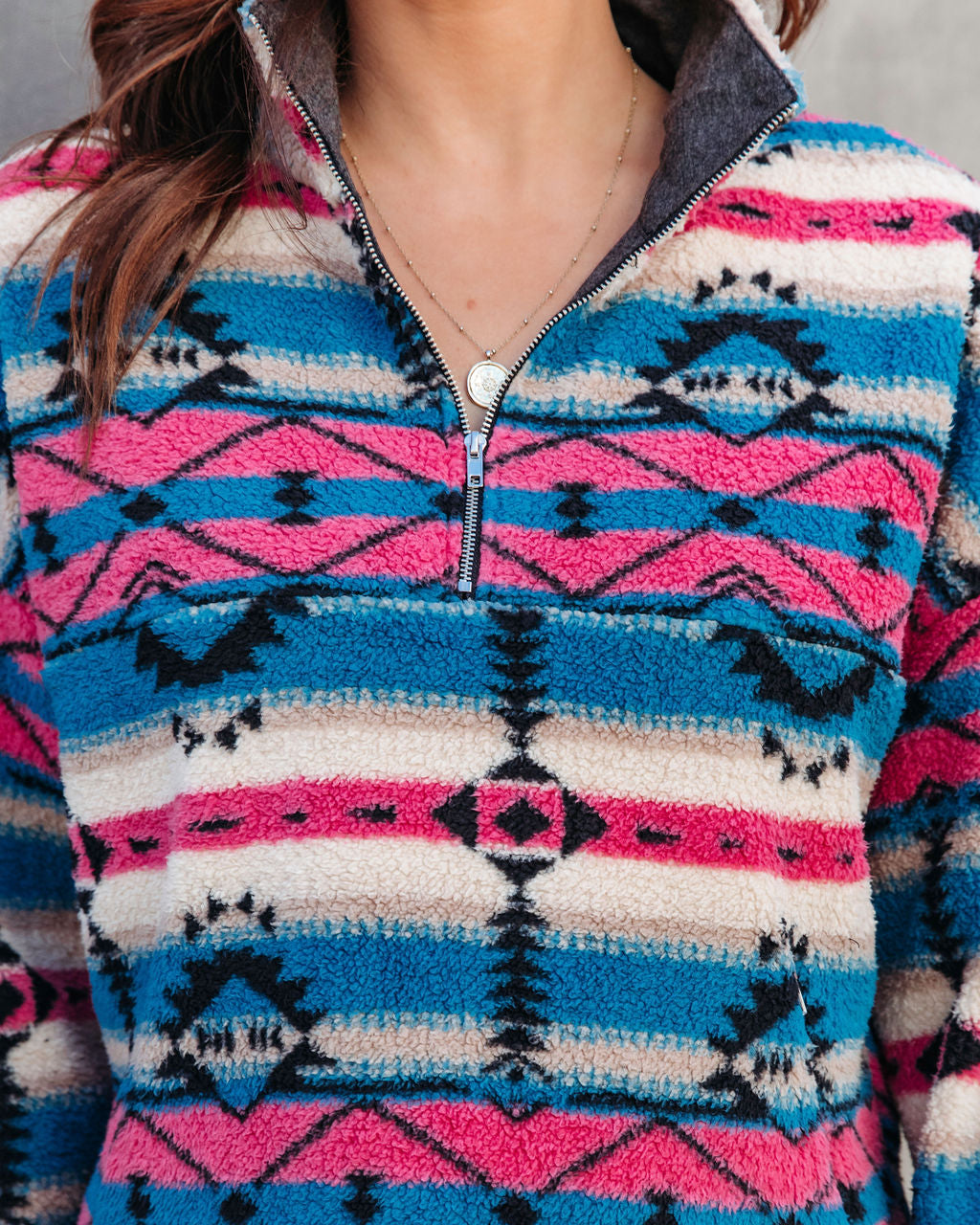 Sedona Pocketed Printed Half Zip Teddy Pullover Sweater - Se7enfashion