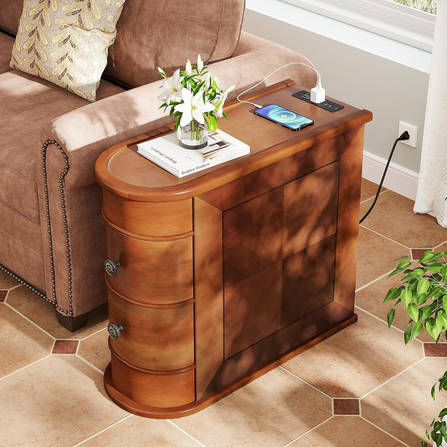 Solid Wood Chairside End Table, Two-Drawer Narrow Side Table Slim