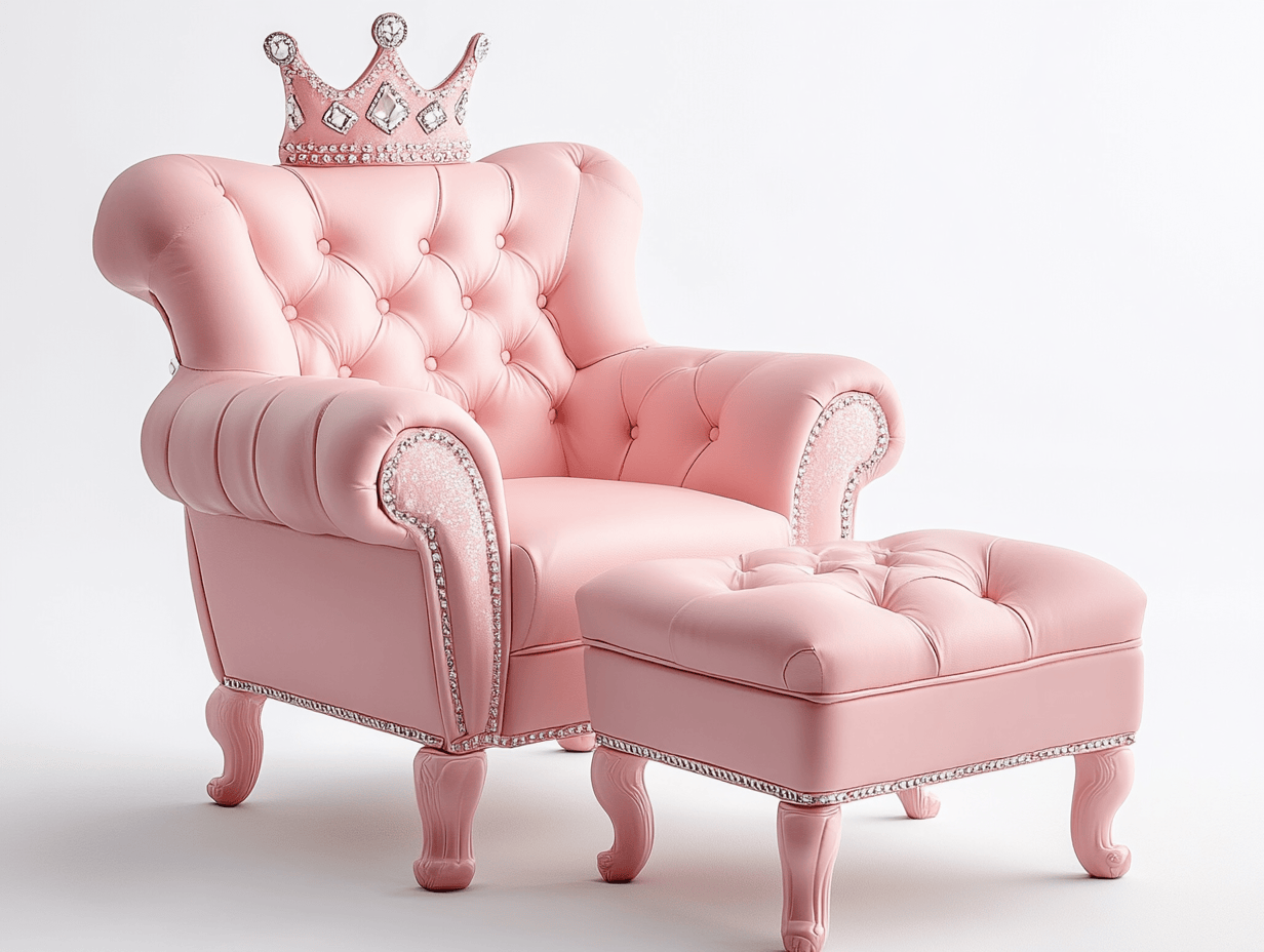 Sillón infantil con reposapiés tapizado con función de montaje manual en cuero sintético rosa con corona alta y patas decoradas, 70x55x80cm