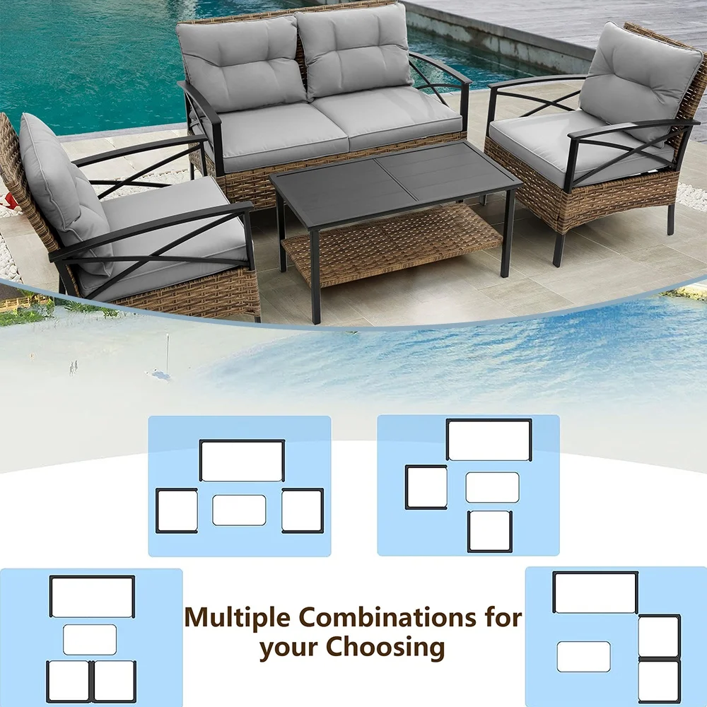 Patio Sofa Set, 4 Pieces Outdoor Sectional Furniture, All-Weather PE Rattan Wicker Patio Conversation Set, Cushioned Sofa Set with Coffee Table for Patio Garden Poolside Deck - Image 10