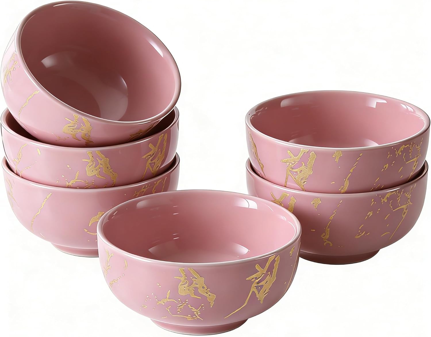 6-Piece Pink and Gold Marble Ceramic Bowls, 20 oz – Bohemian Soup & Cereal Bowl Set, Dishwasher & Microwave Safe, for Ramen, Pasta, Salad, Dessert
