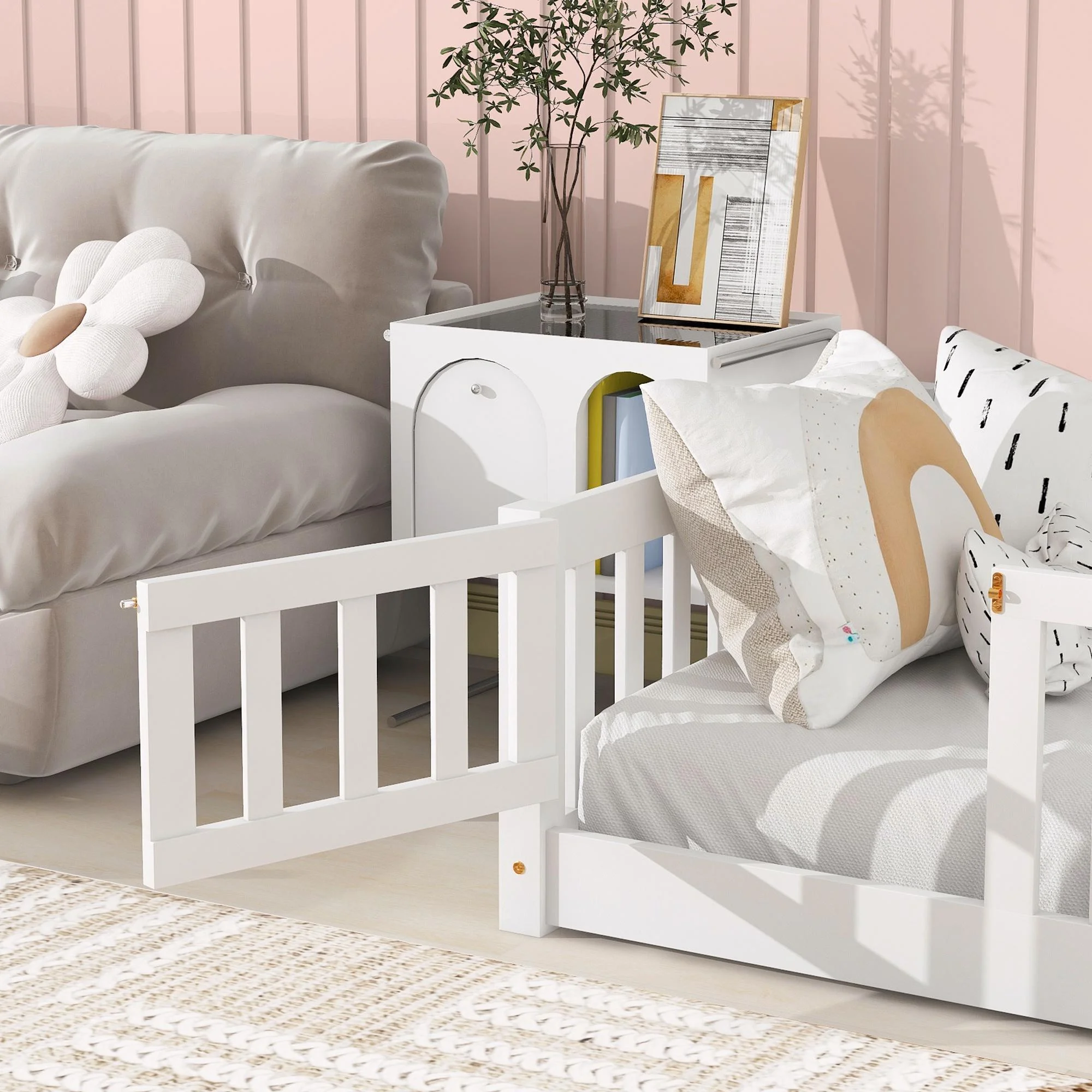 UHOMEPRO Twin Size Floor Bed with Door and Fence, Montessori Floor Bed with Slats and Safety Guardrails, Solid Wood Twin Bed Frame for Bedroom, White - Image 13
