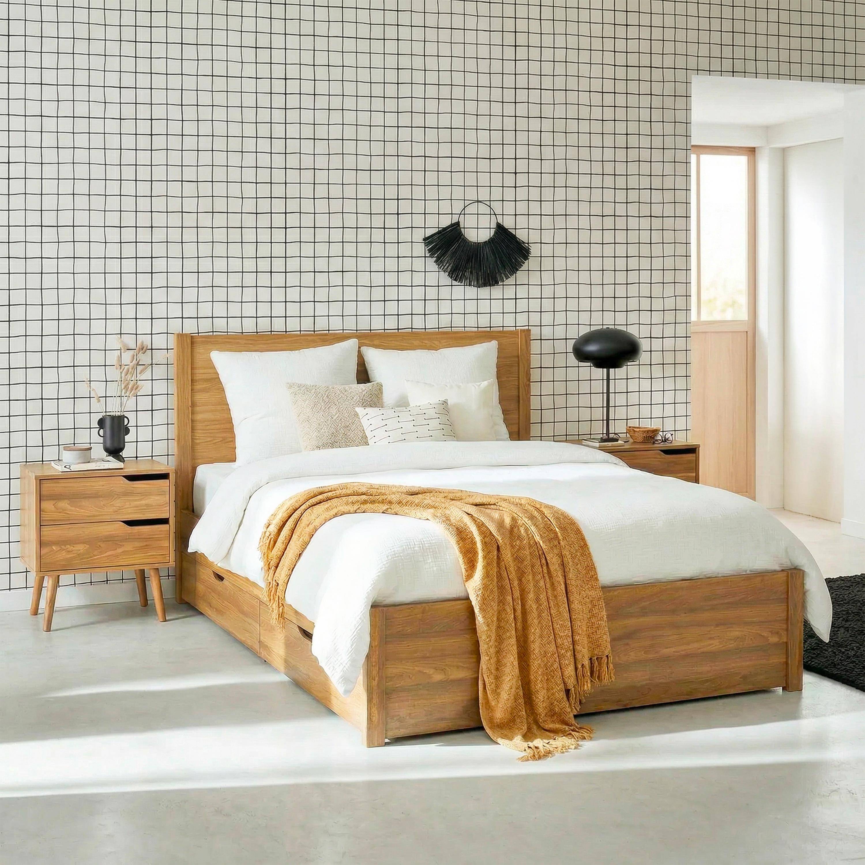 Nepal - Cama con somier de láminas y cabecero, 160x200cm + 4 cajones decorativos de madera